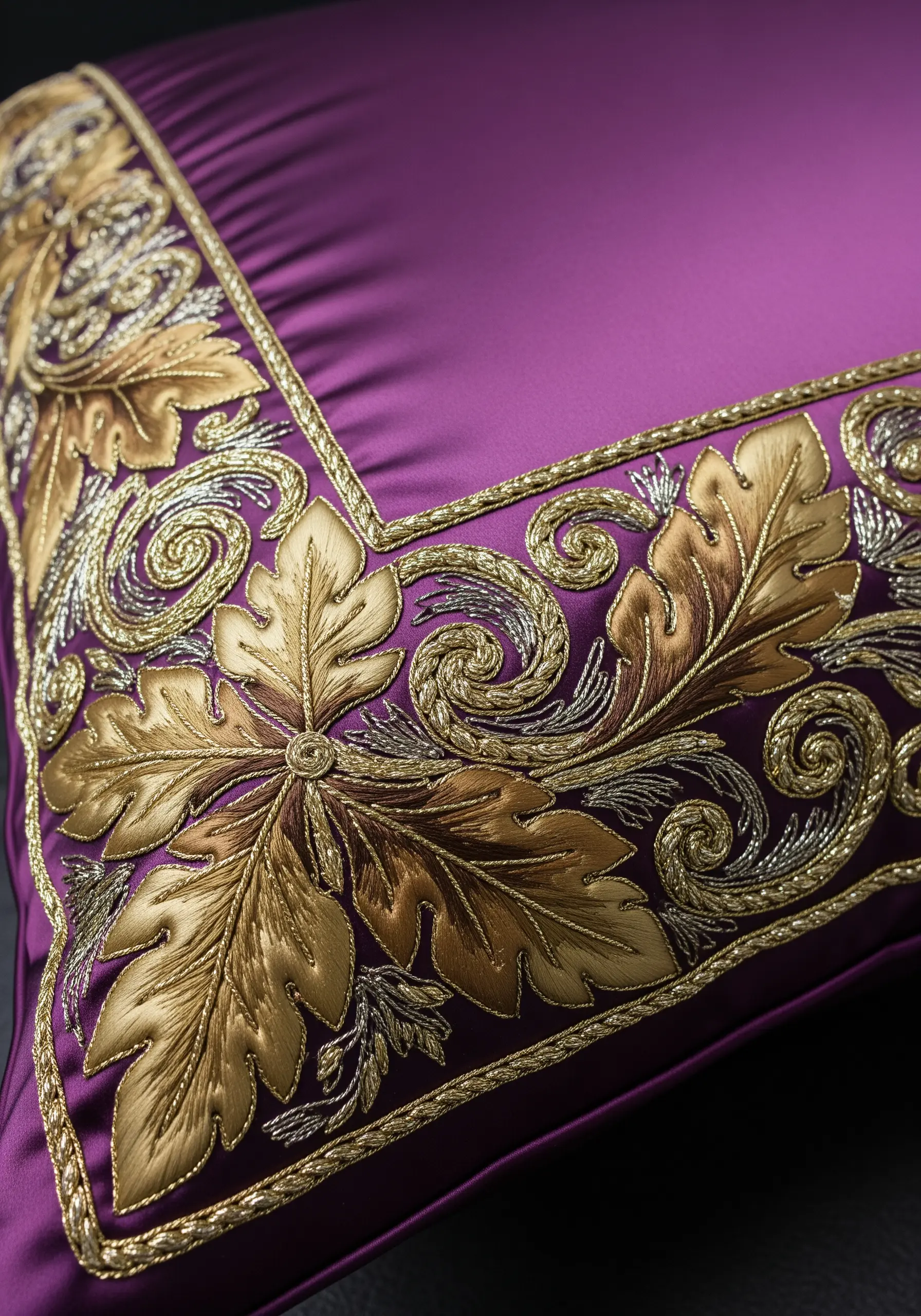 A luxurious goldwork embroidered border of acanthus leaves on a purple satin cushion