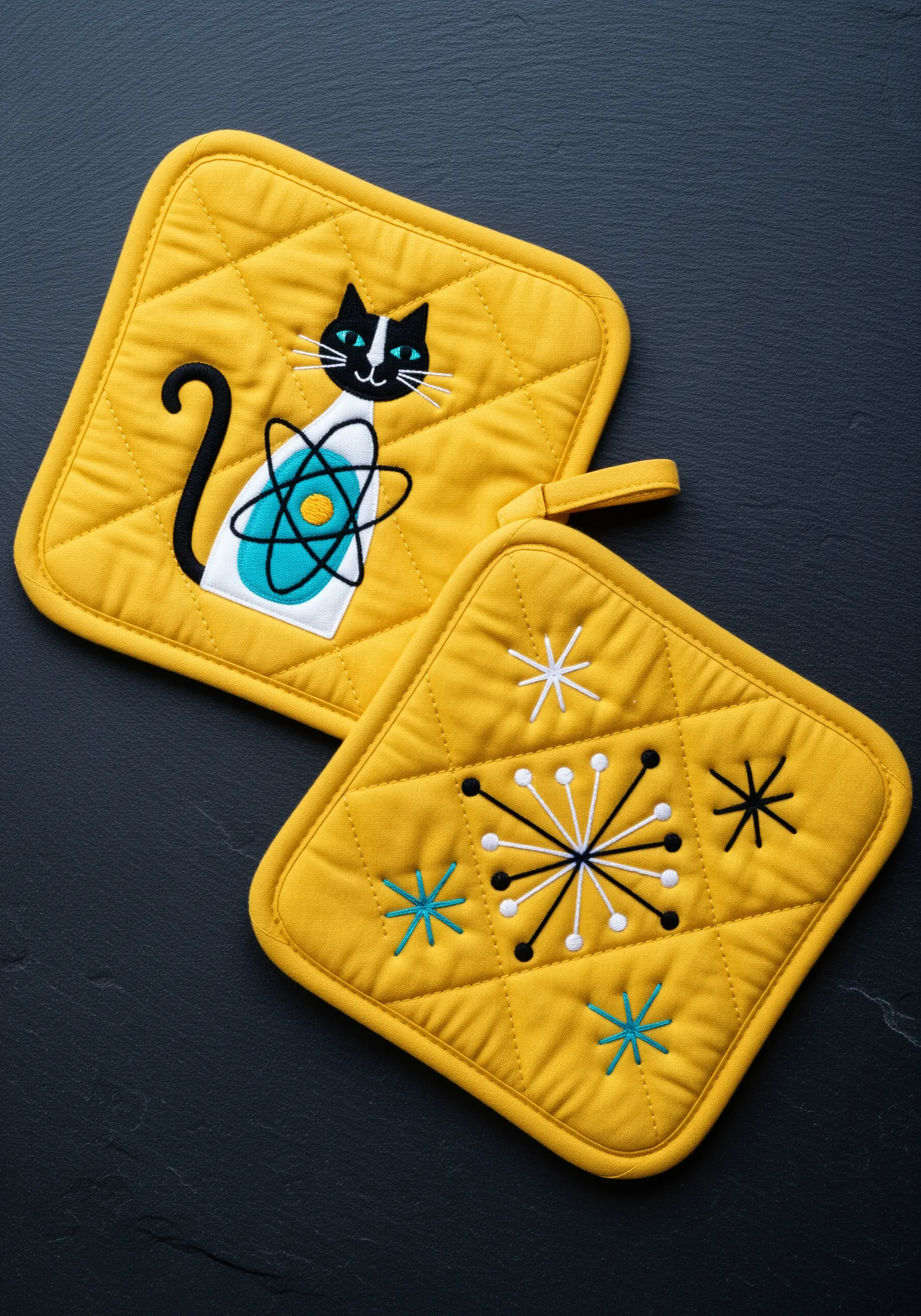 Yellow quilted potholders with a retro atomic cat and starbursts embroidered in a mid-century style.