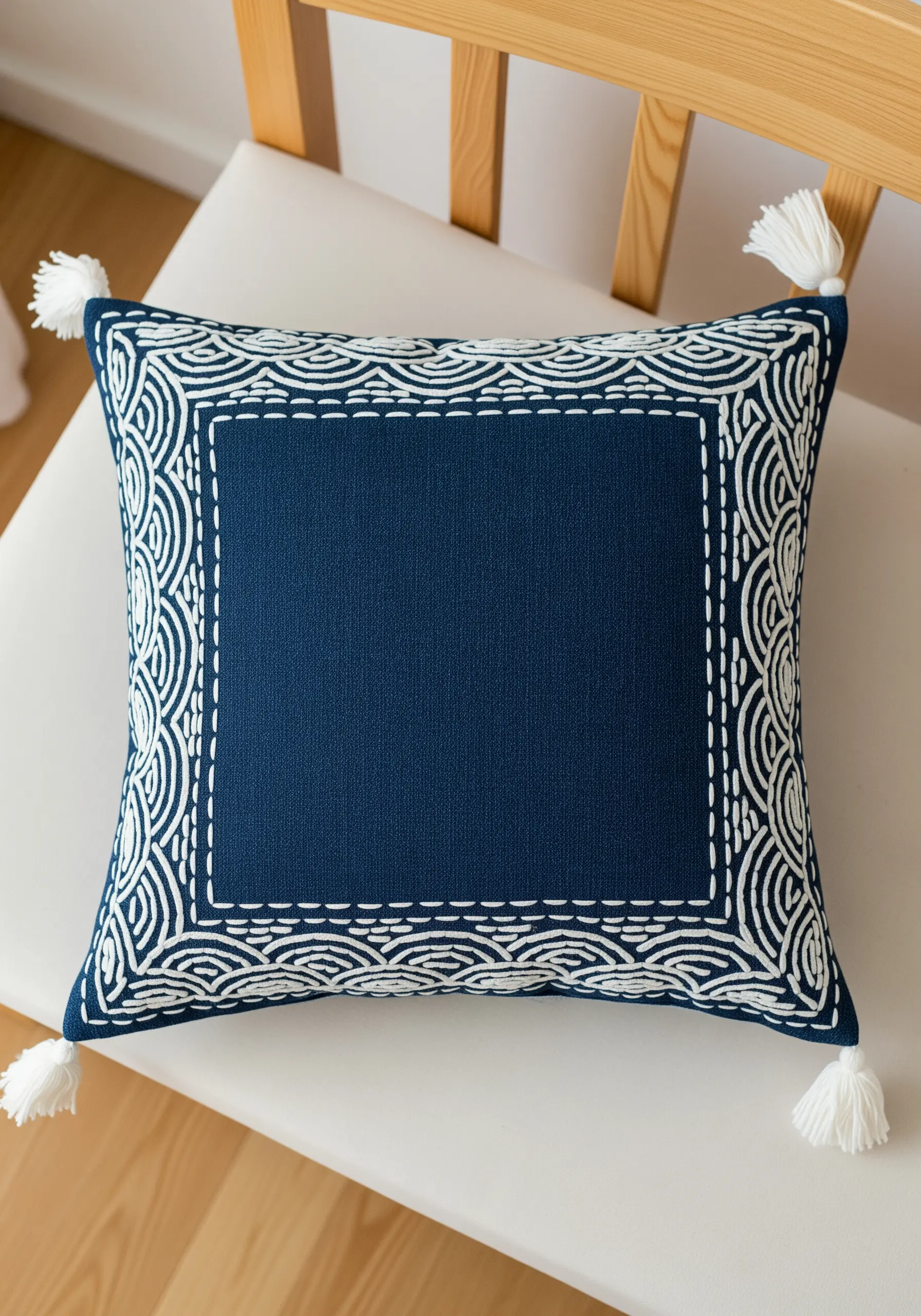 Sashiko-style embroidered border with white geometric waves on a navy blue cushion