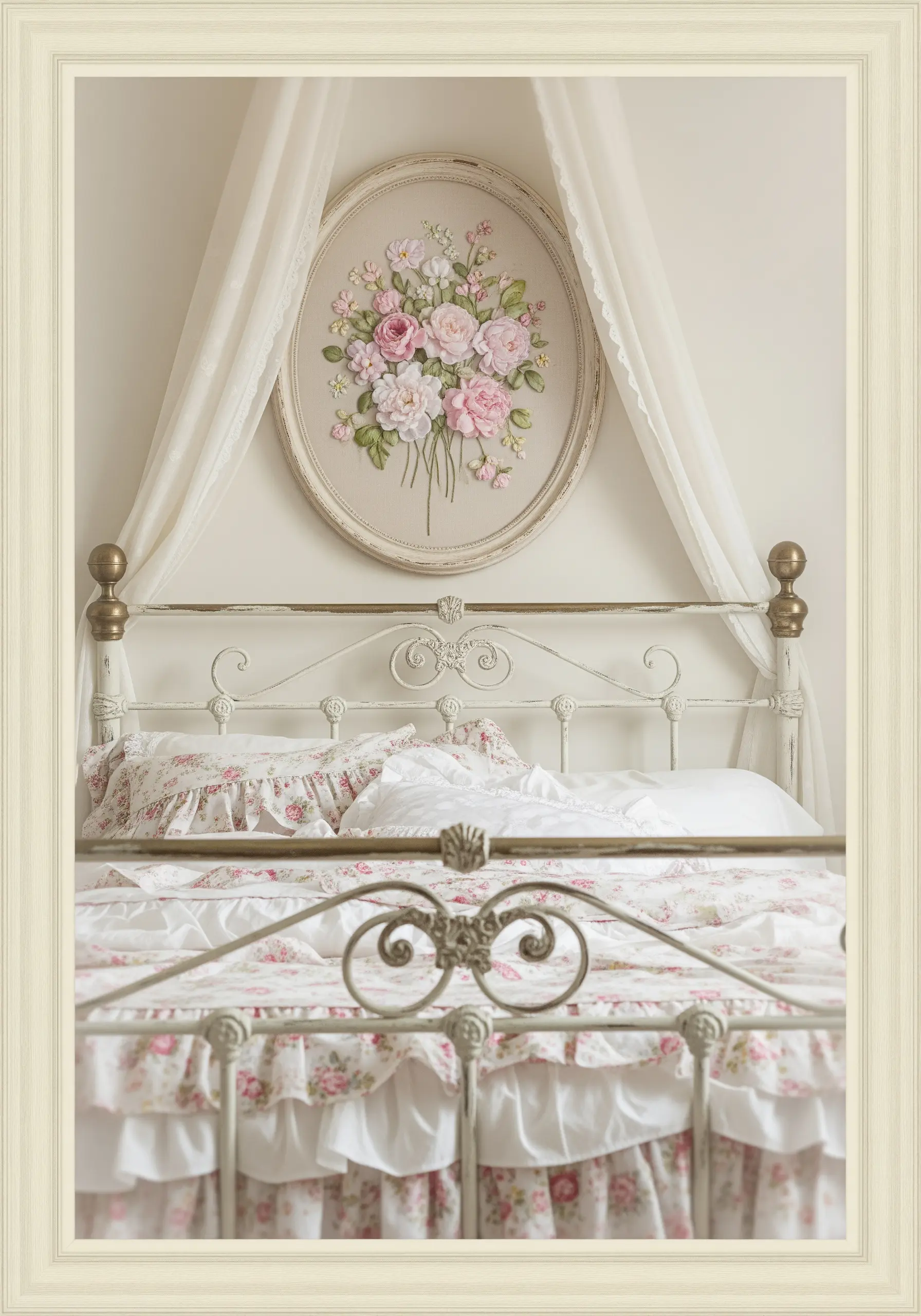 A vintage-style embroidered bouquet of pink roses in a white oval frame.