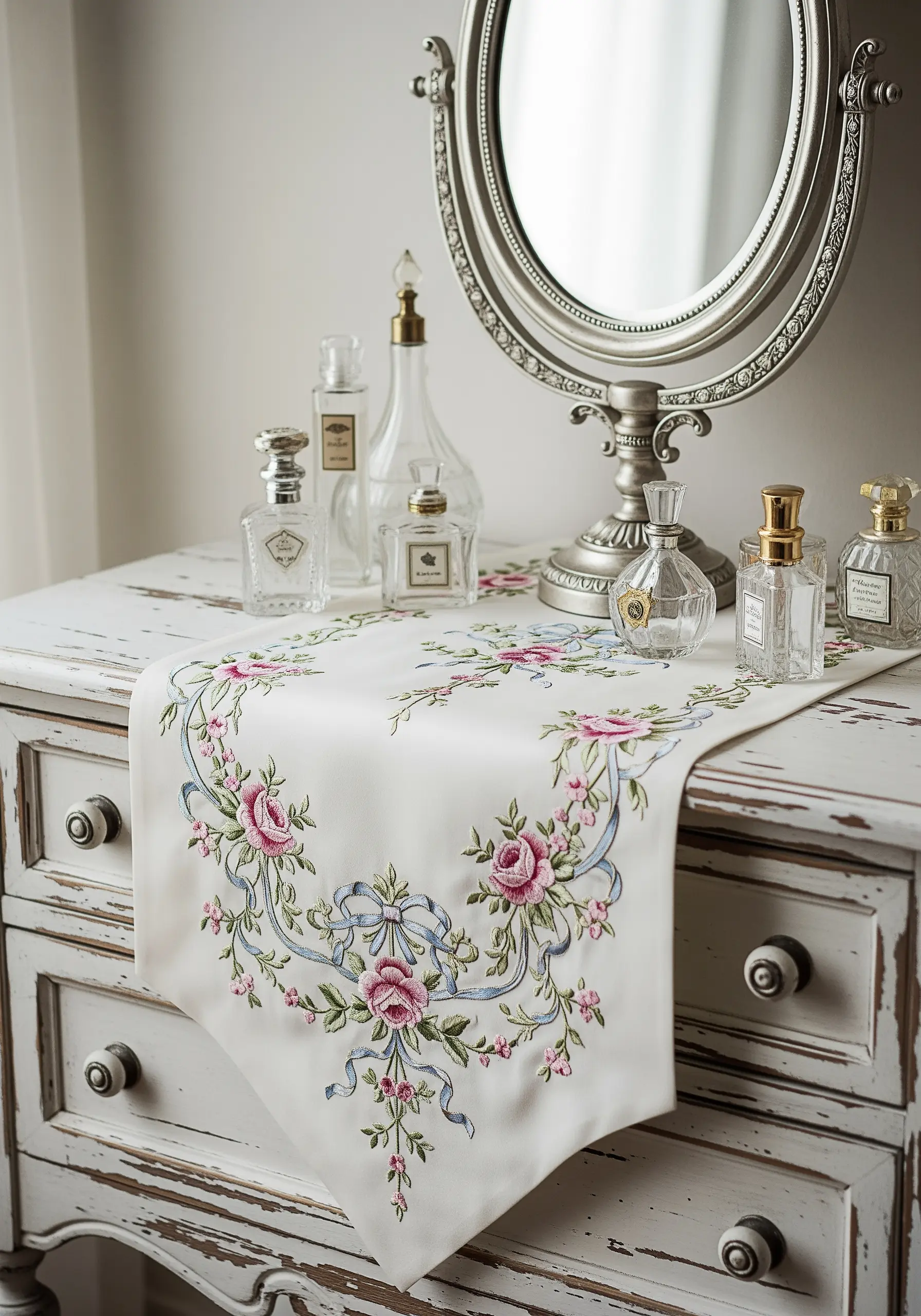 An elegant table runner with embroidered pink roses and a light blue ribbon.