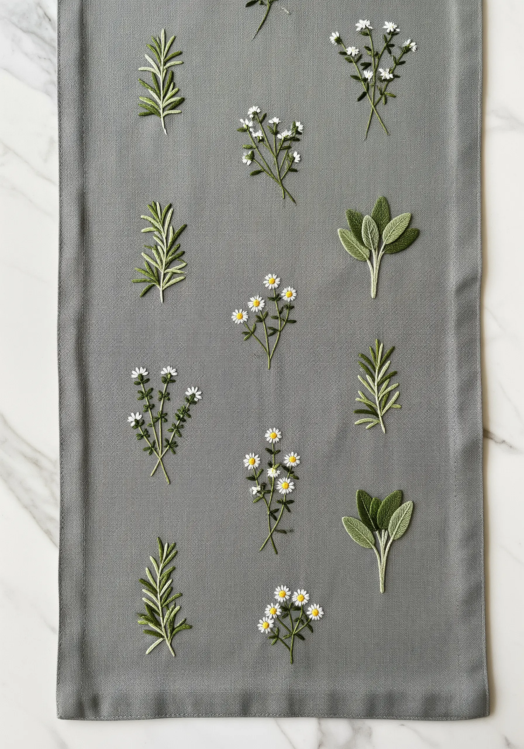Scattered sprigs of embroidered herbs like rosemary, sage, and chamomile on a grey runner.