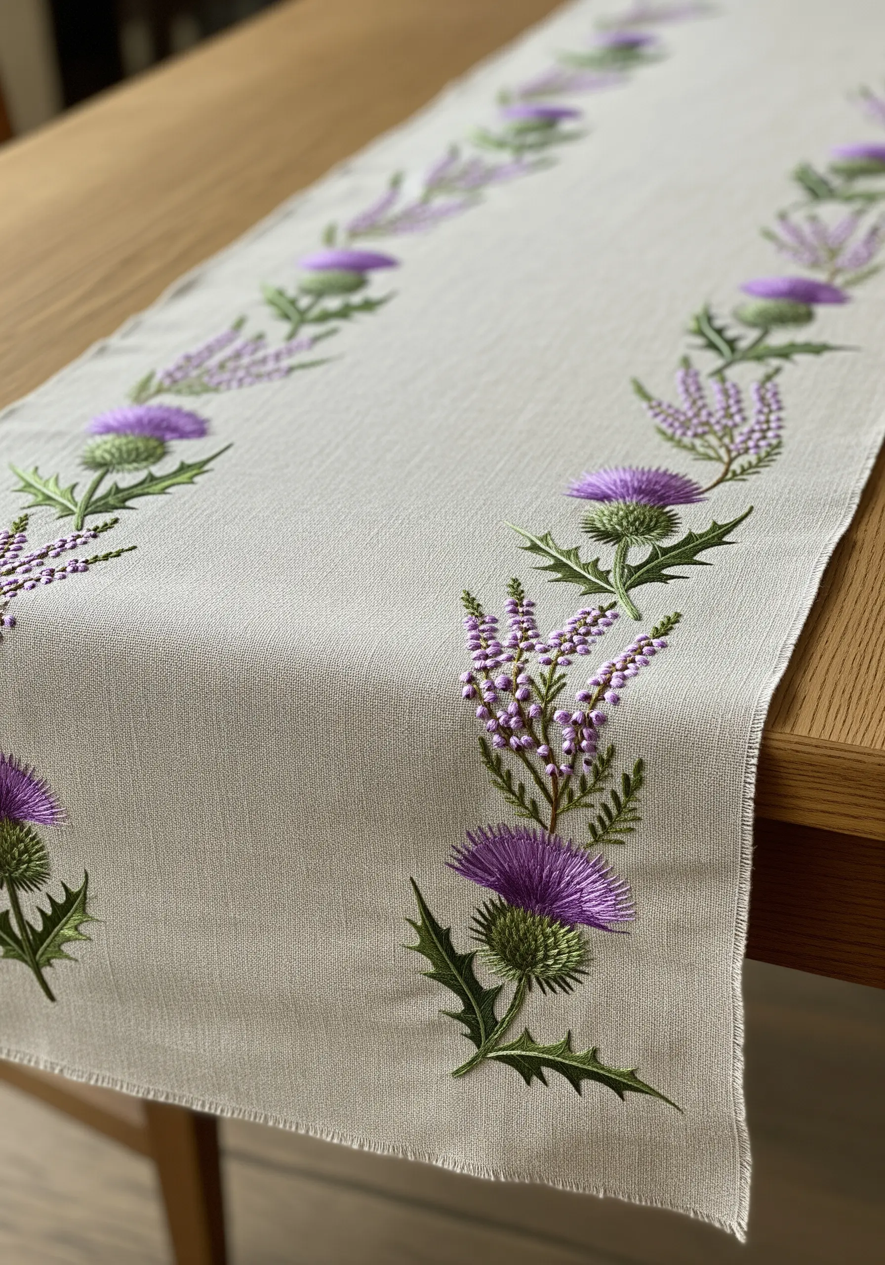 A border of embroidered Scottish thistle and purple heather on a natural linen table runner.