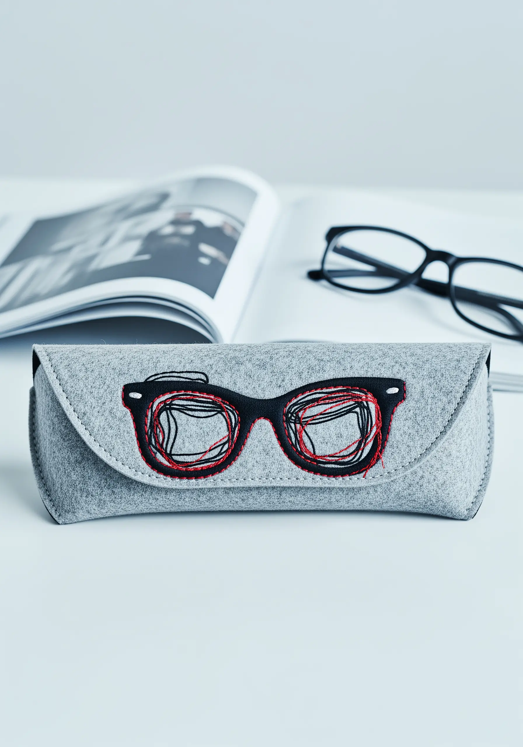 A gray felt glasses case with an abstract, scribble-like embroidery of eyeglasses in black and red.