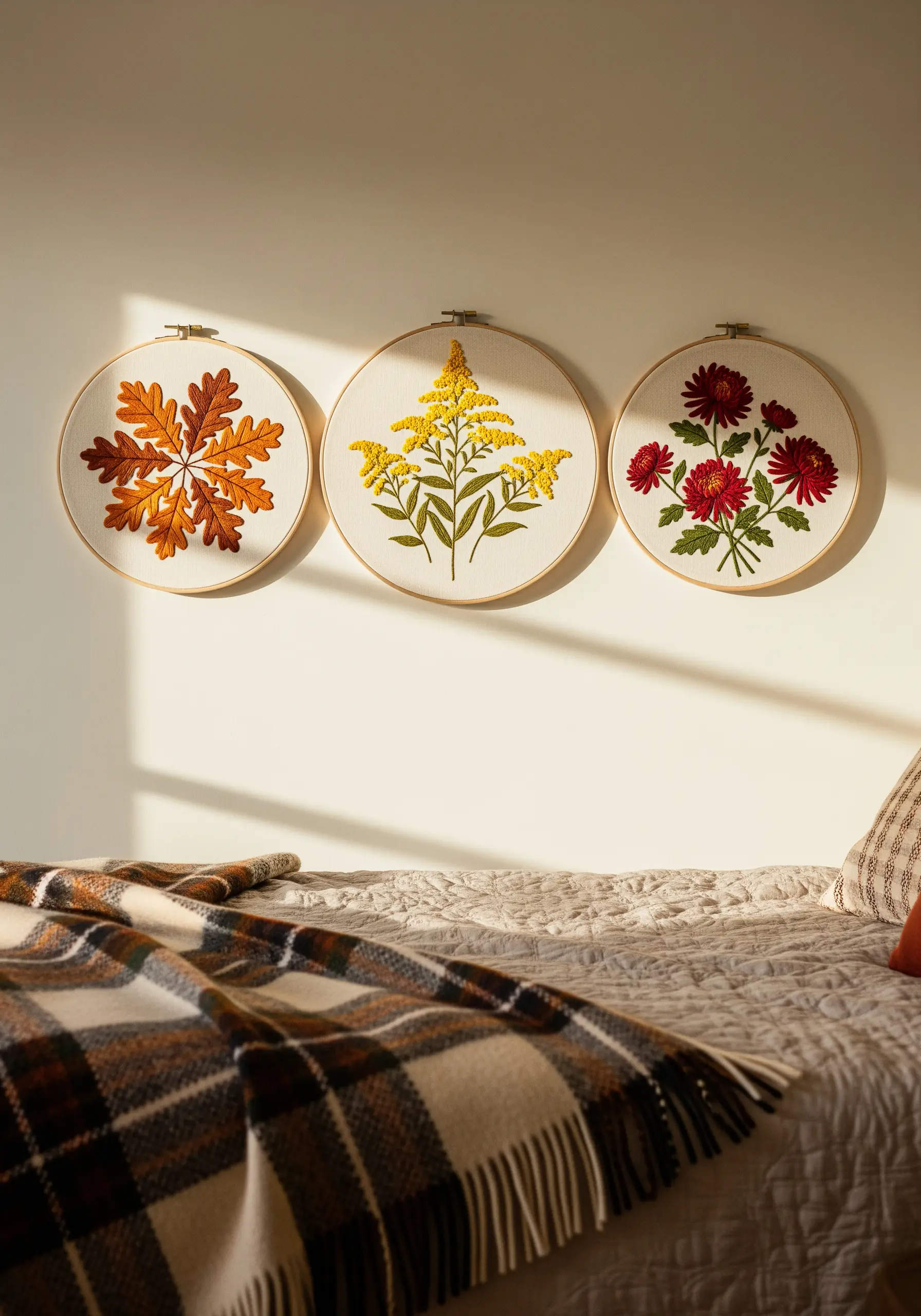 Three embroidery hoops with autumn botanicals—an oak leaf, goldenrod, and chrysanthemums.
