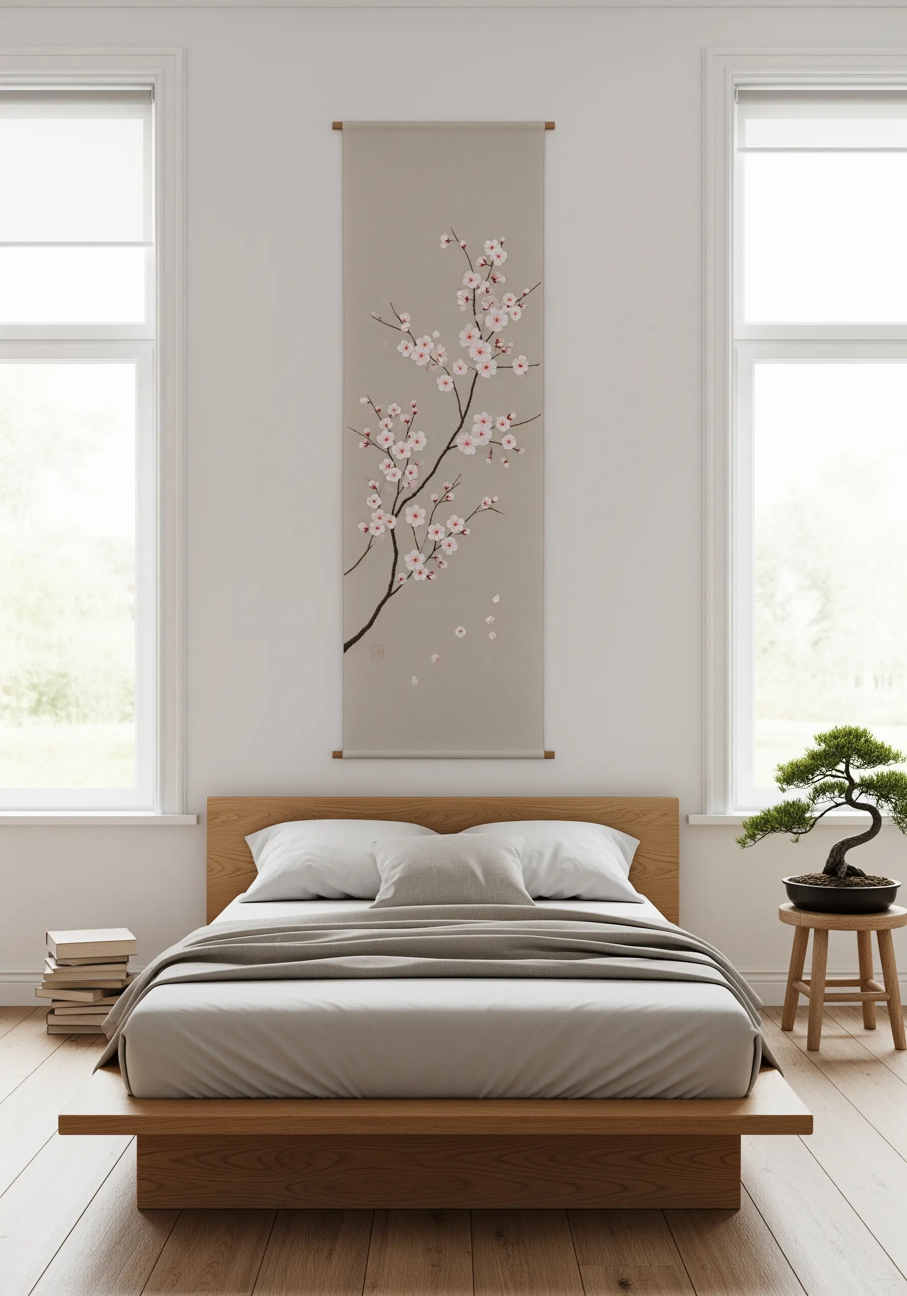 A vertical wall scroll with embroidered cherry blossoms hanging above a minimalist wooden bed.