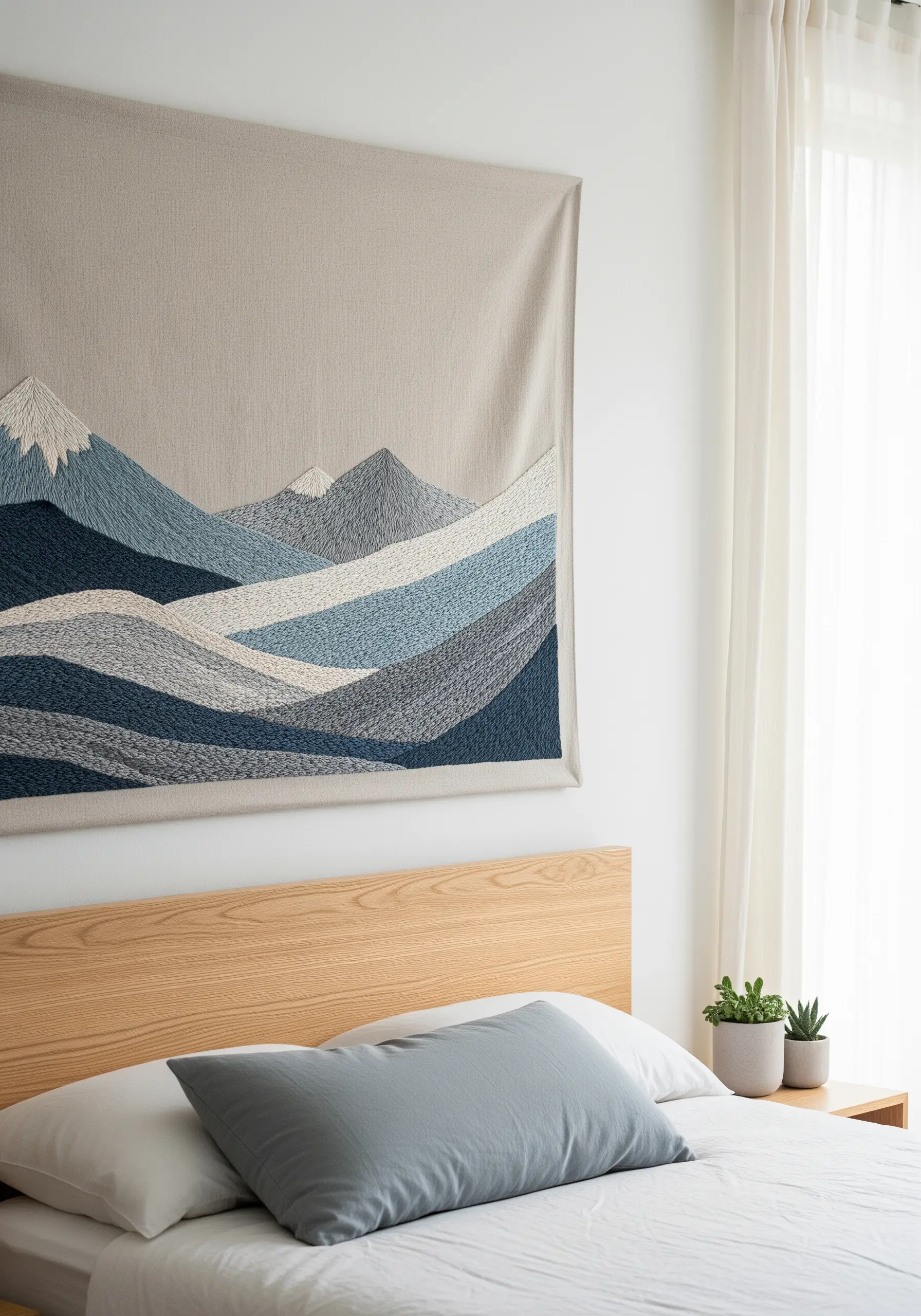 Large embroidered tapestry of blue and gray mountains hanging over a bed