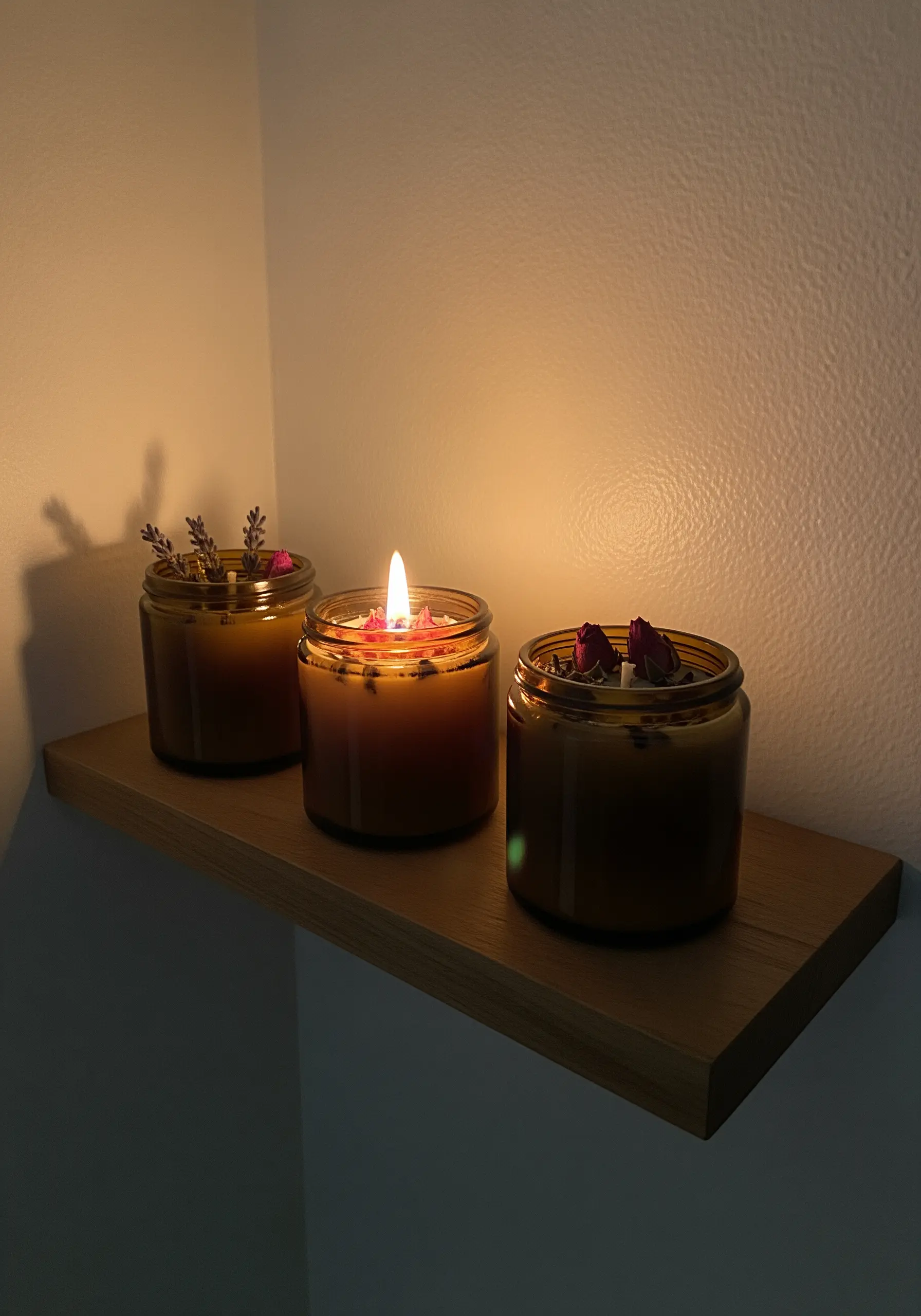 Three lit amber glass candles with dried botanicals on top, sitting on a wooden shelf.