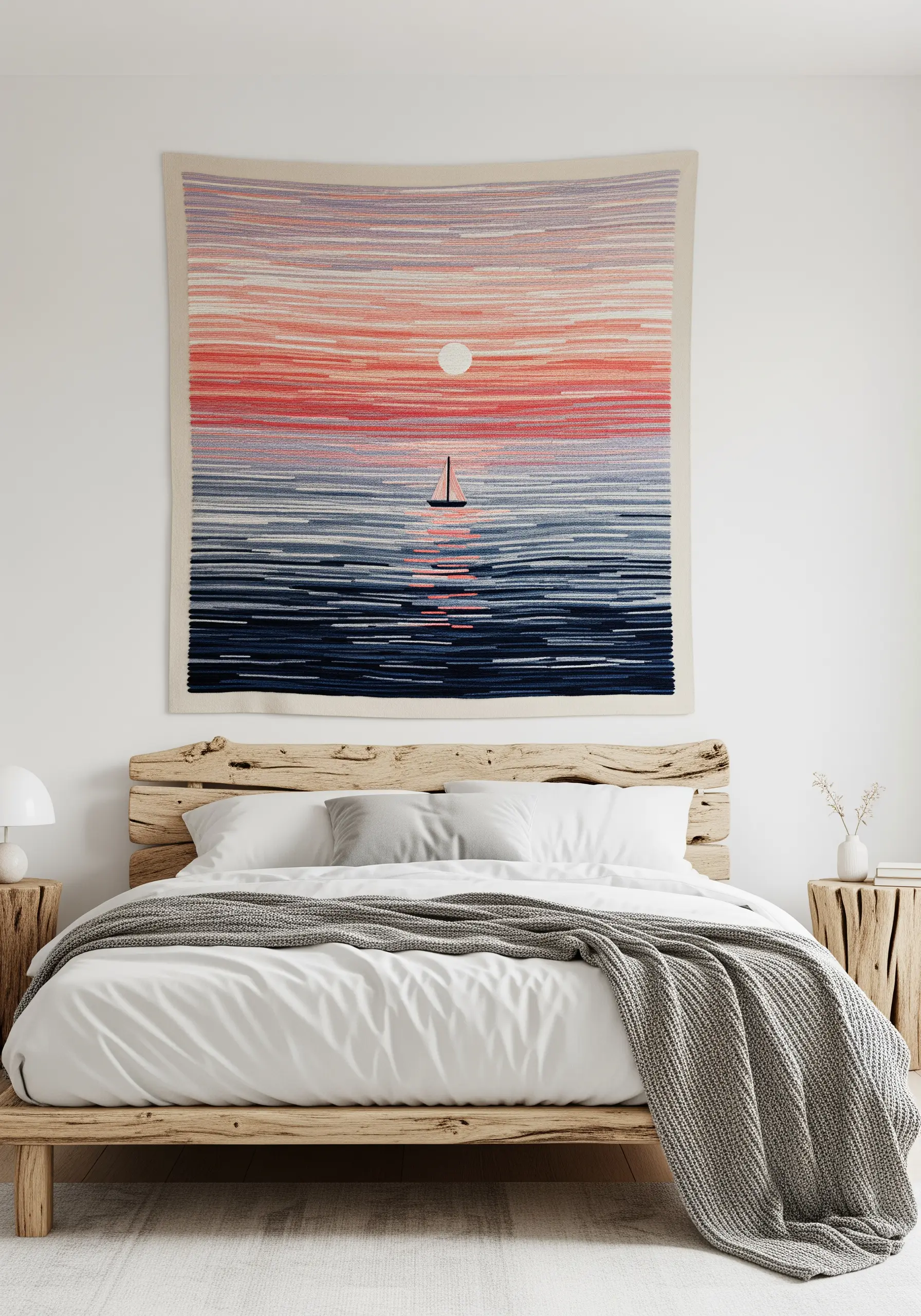 Large embroidered wall tapestry of a sunset over the ocean with a single sailboat.