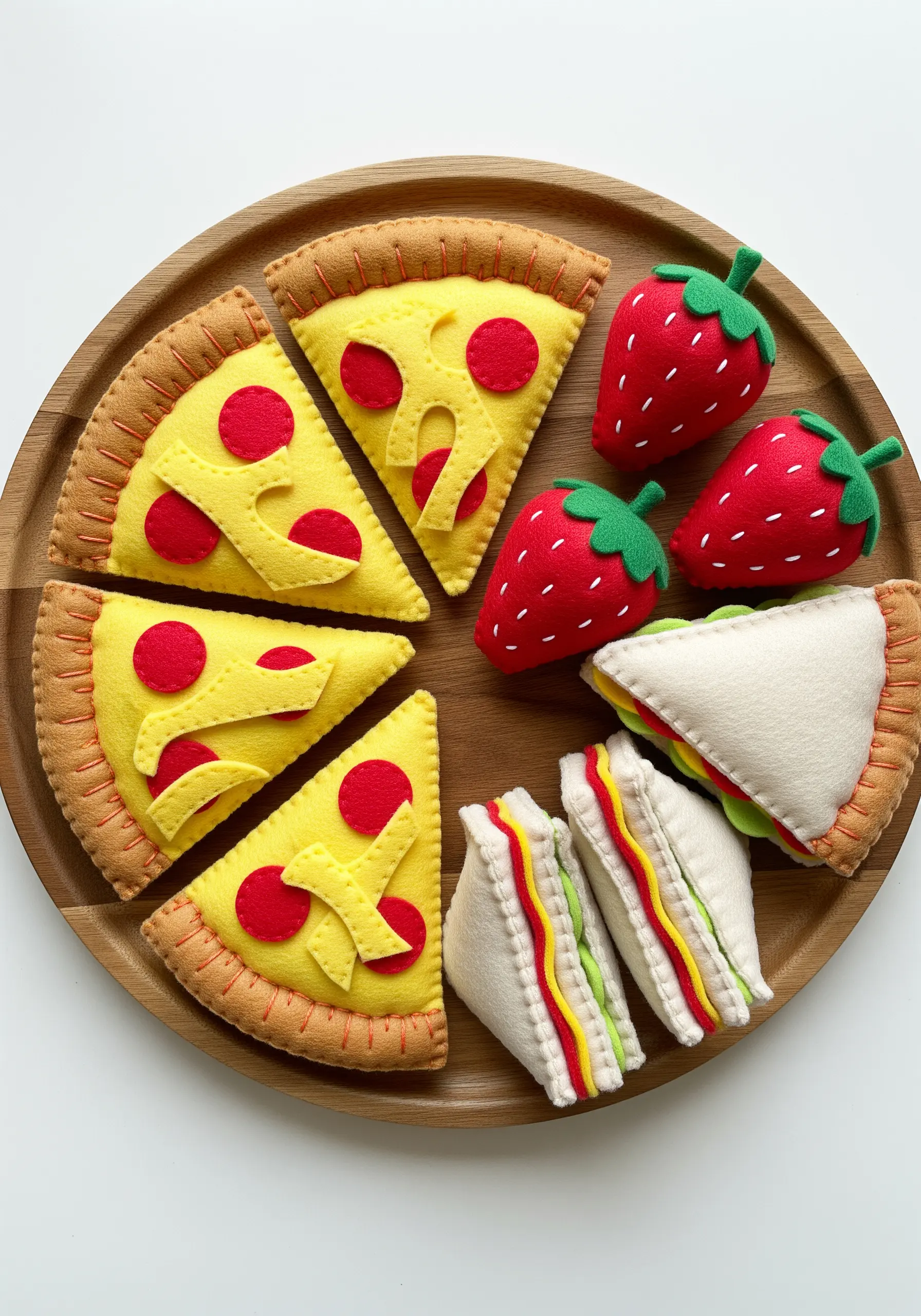 A collection of handmade felt play food, including pizza, sandwiches, and strawberries.