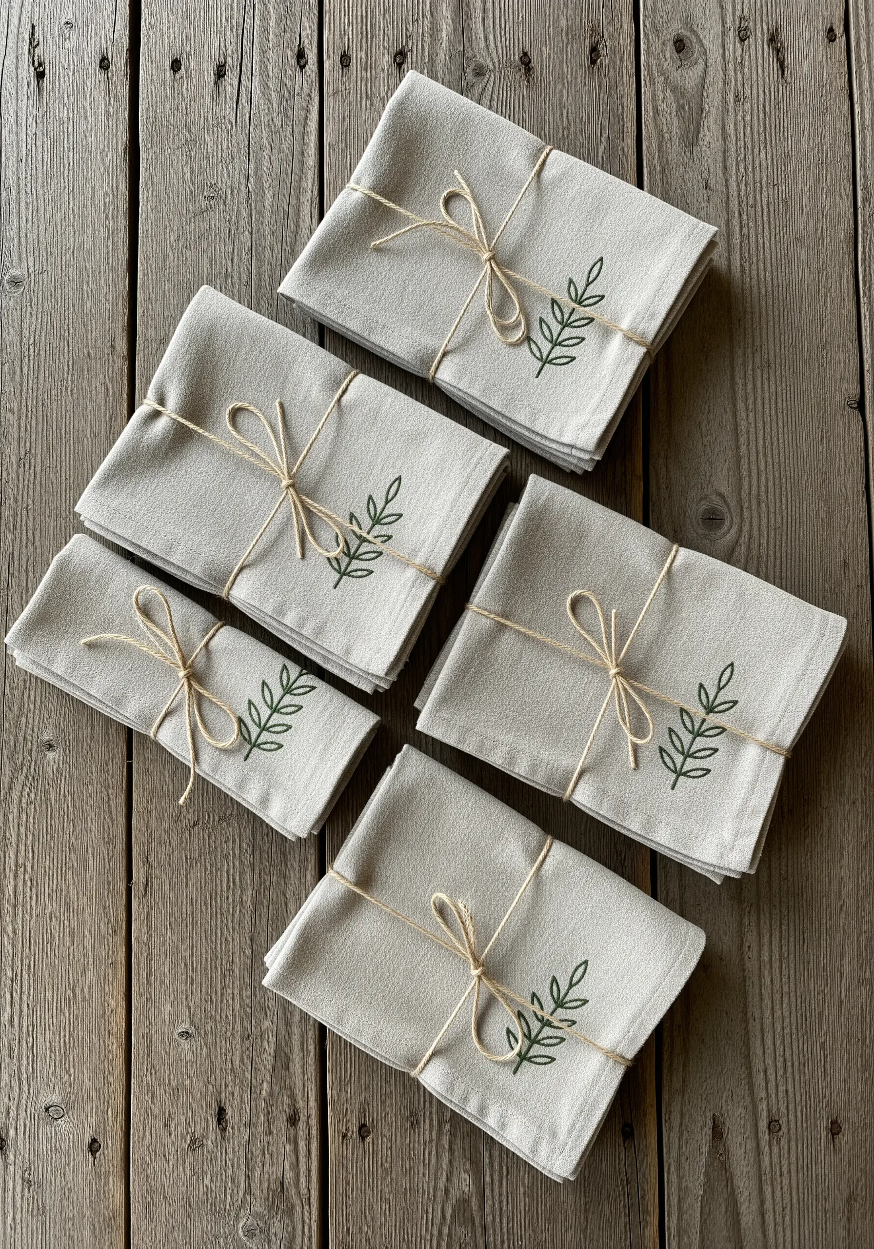 A stack of natural linen napkins, each embroidered with a simple green leafy branch.