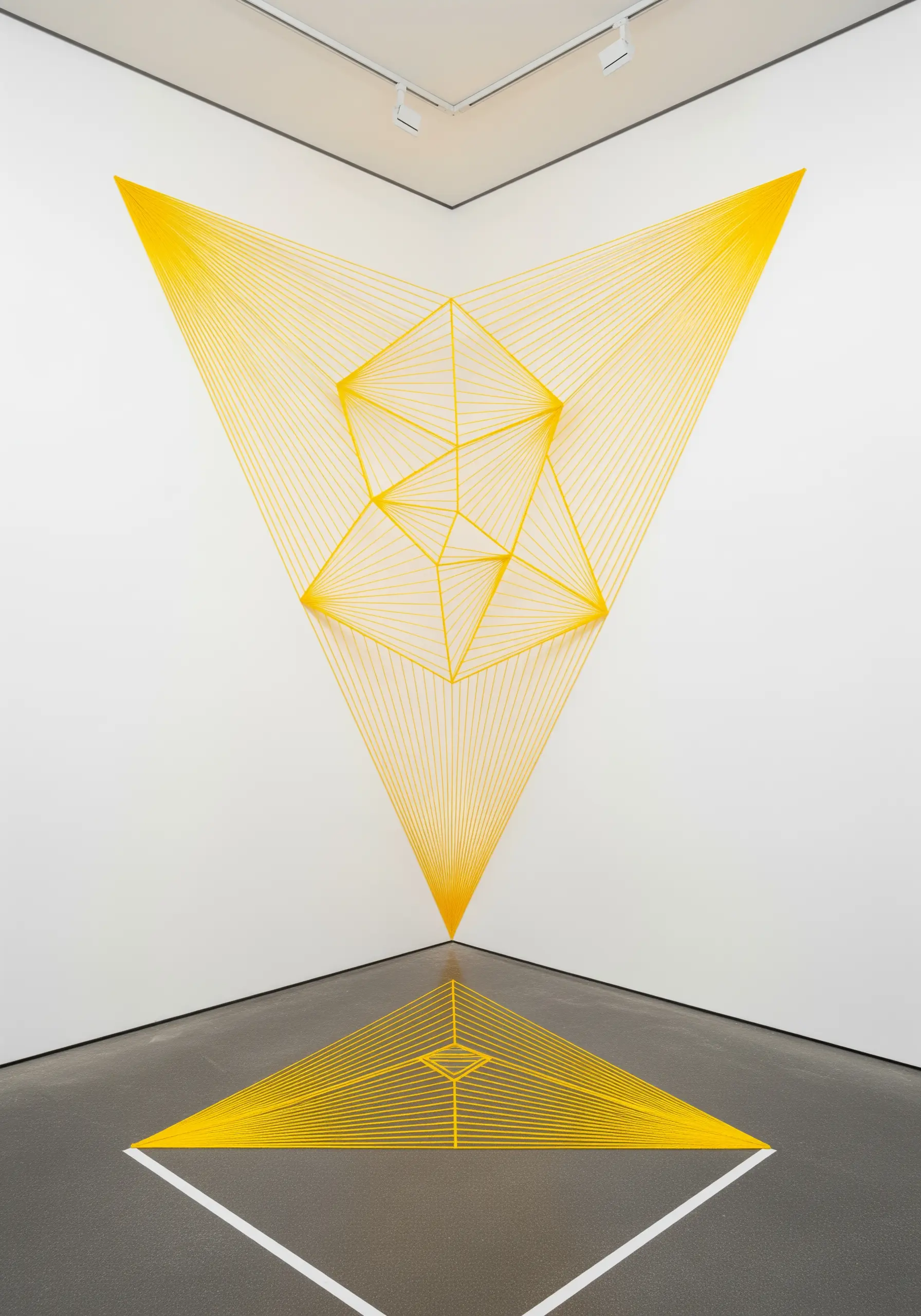 Yellow thread is stretched from a corner to form a geometric shape and its perfect reflection on the floor.