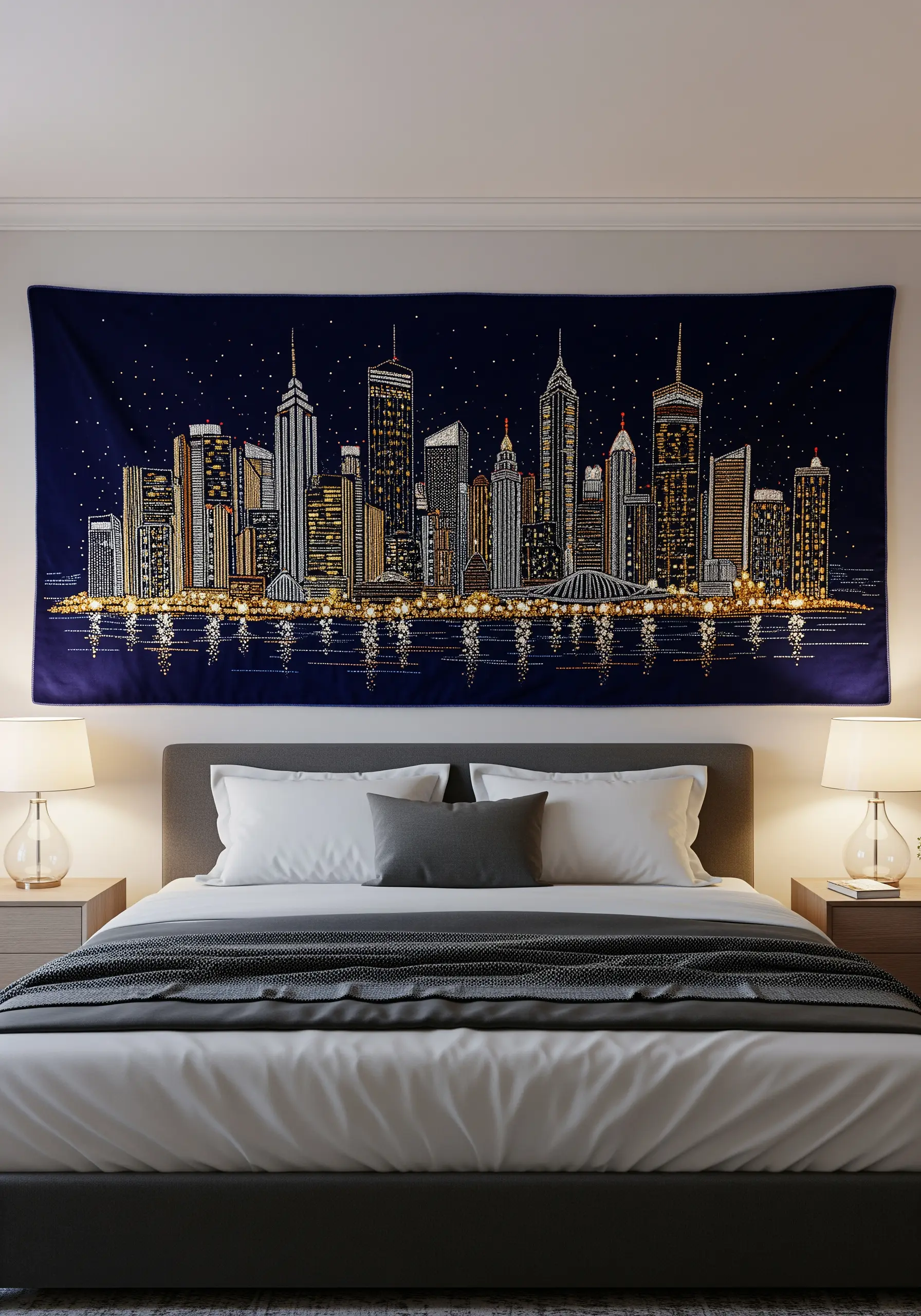 A large embroidered tapestry of a city skyline at night using gold and silver metallic threads.