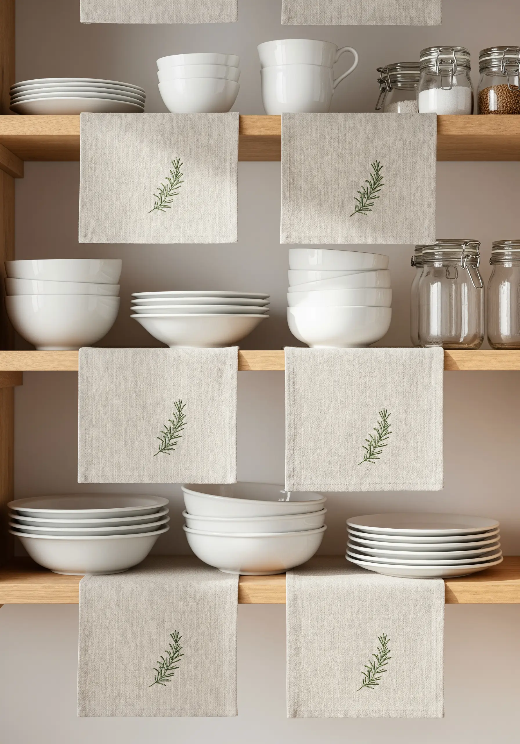 A single sprig of rosemary embroidered on a neutral linen napkin.