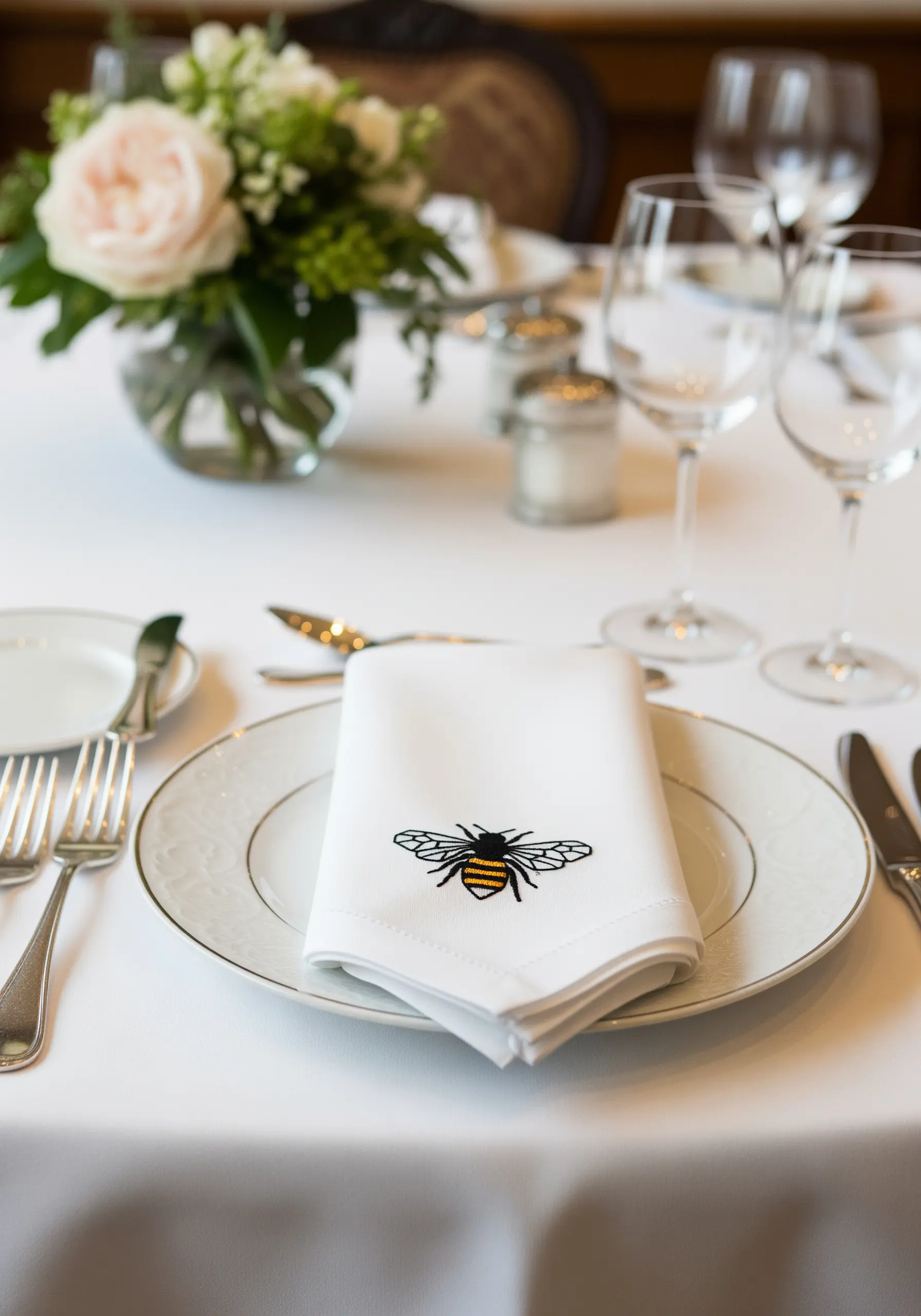 White linen napkin with a small, realistically embroidered bee with yellow and black stripes.