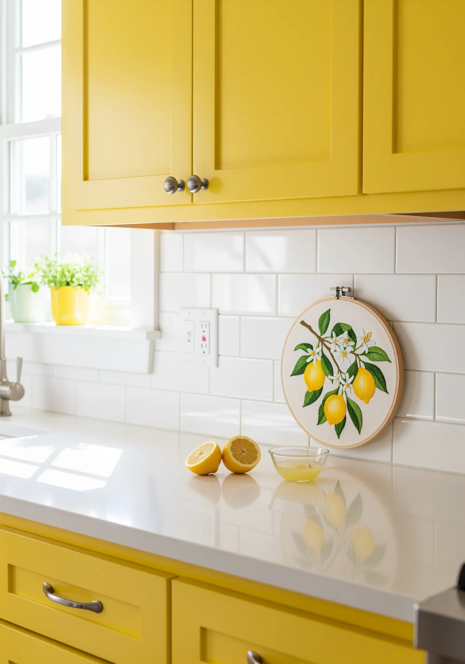 Embroidery hoop with a realistic lemon branch motif hanging in a bright yellow kitchen.