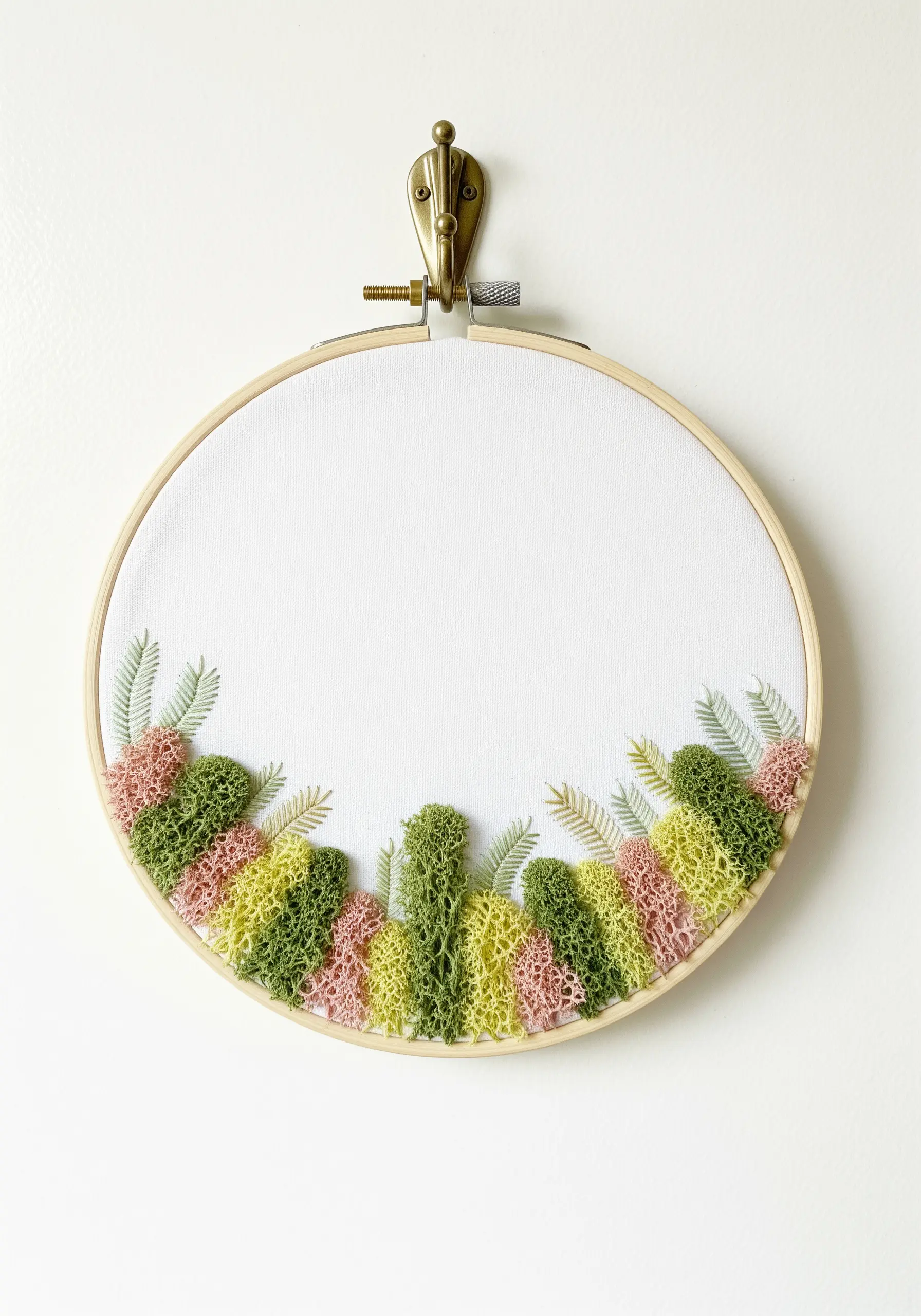 A textural border of lichen and moss in pastel pink, yellow, and green.