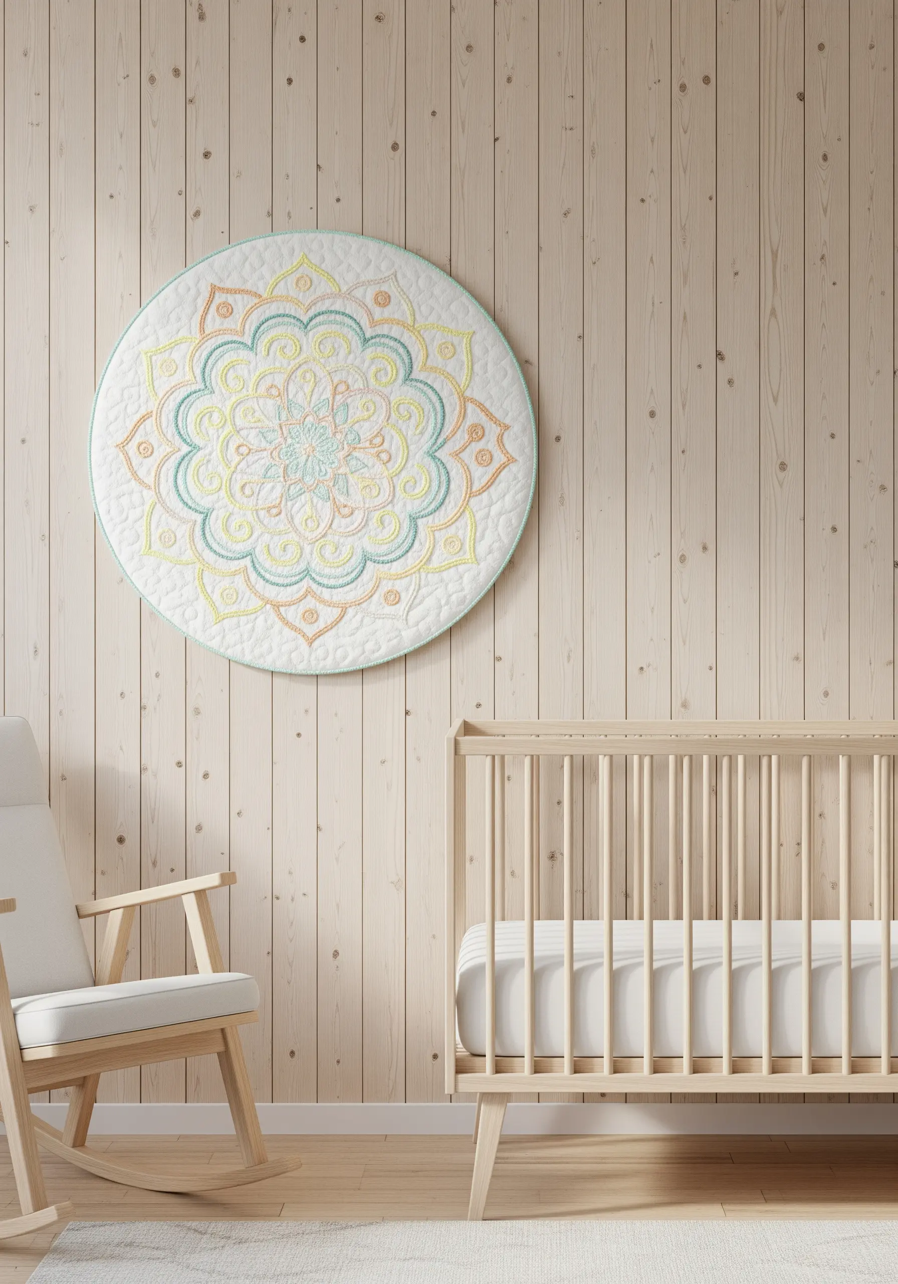 A soft, quilted circular wall hanging with a pastel mandala in a nursery.