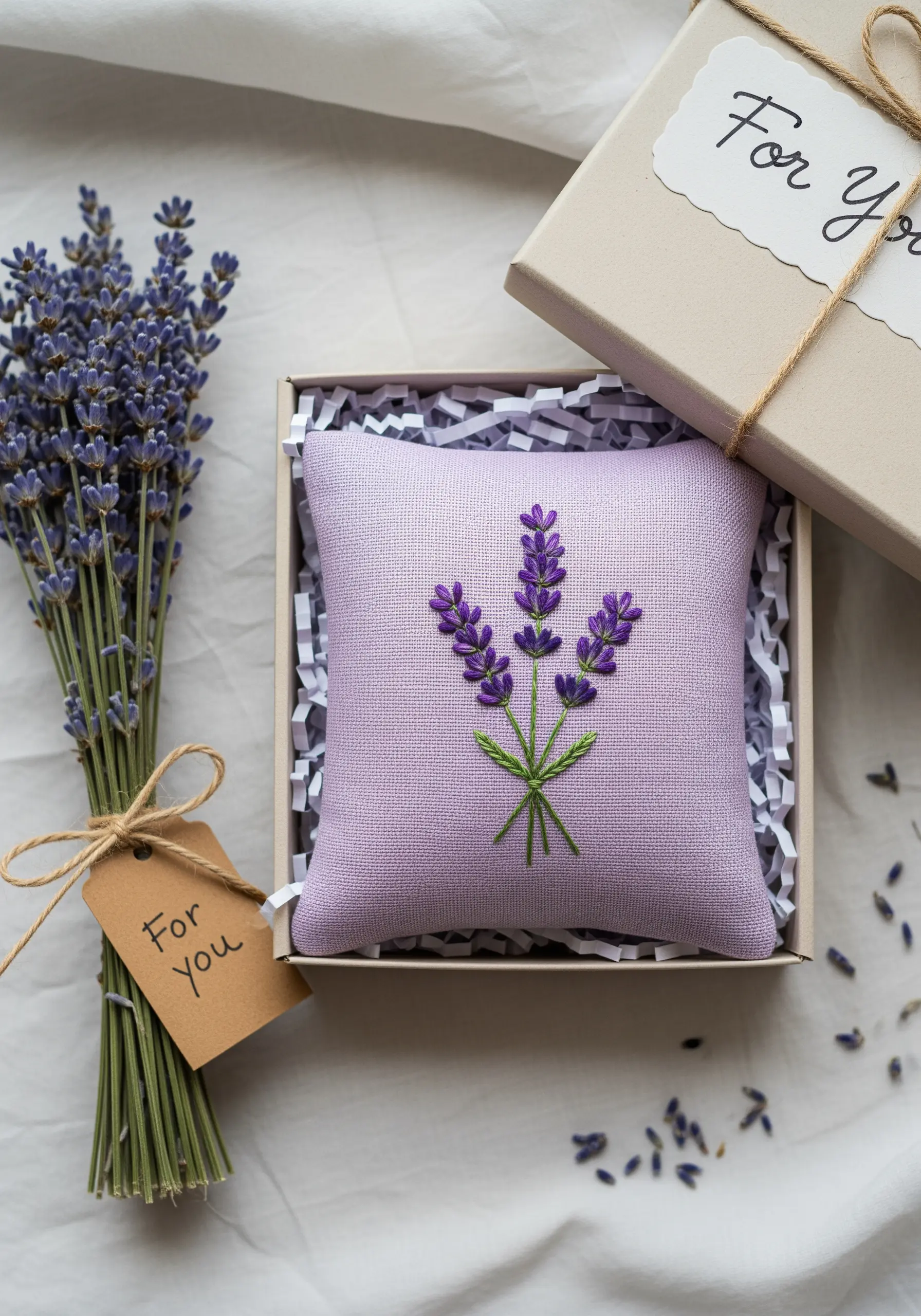 A small, lilac-colored linen sachet with an embroidered lavender sprig, ready for gifting.