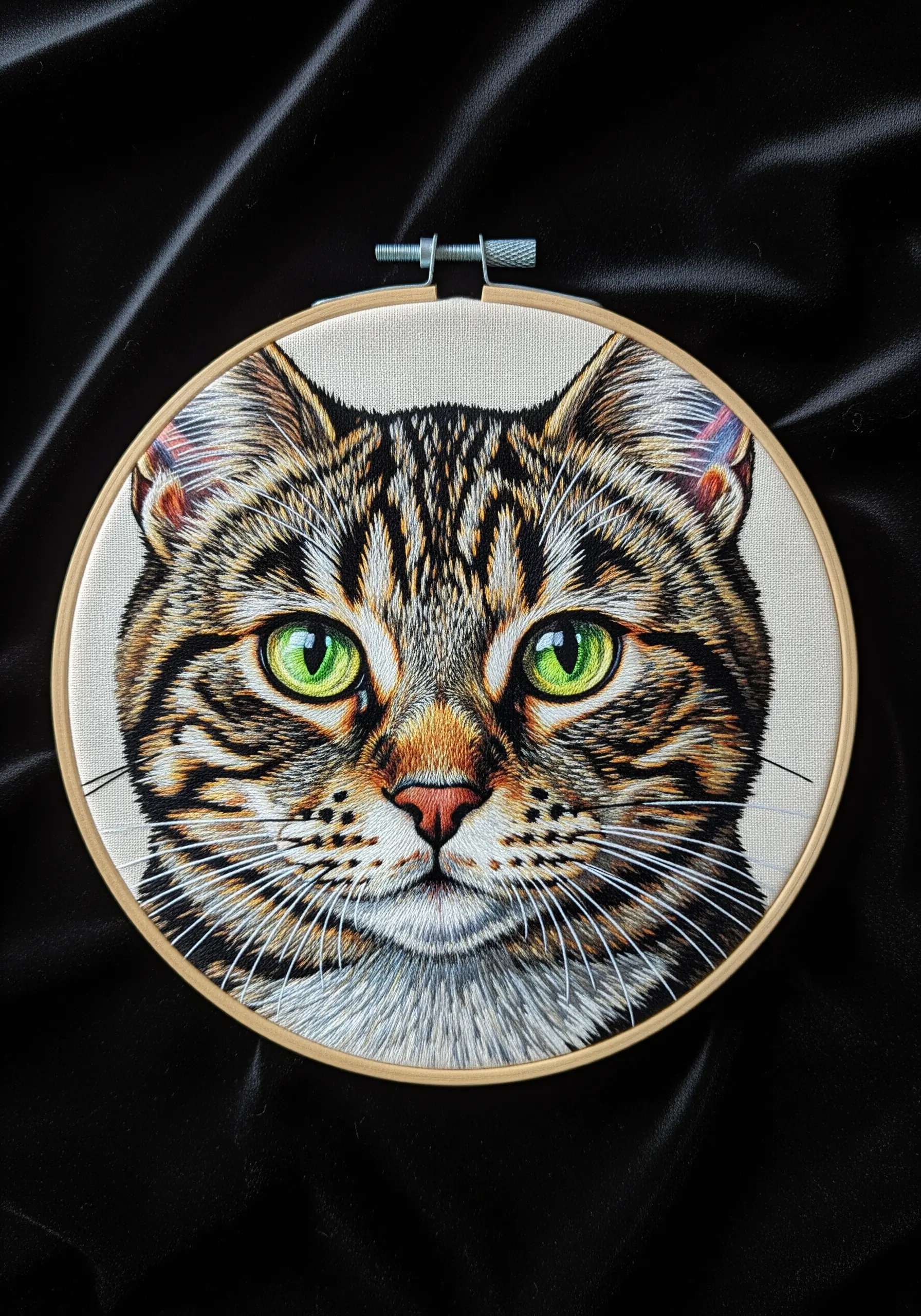 Hyper-realistic thread-painted portrait of a tabby cat with intense green eyes.