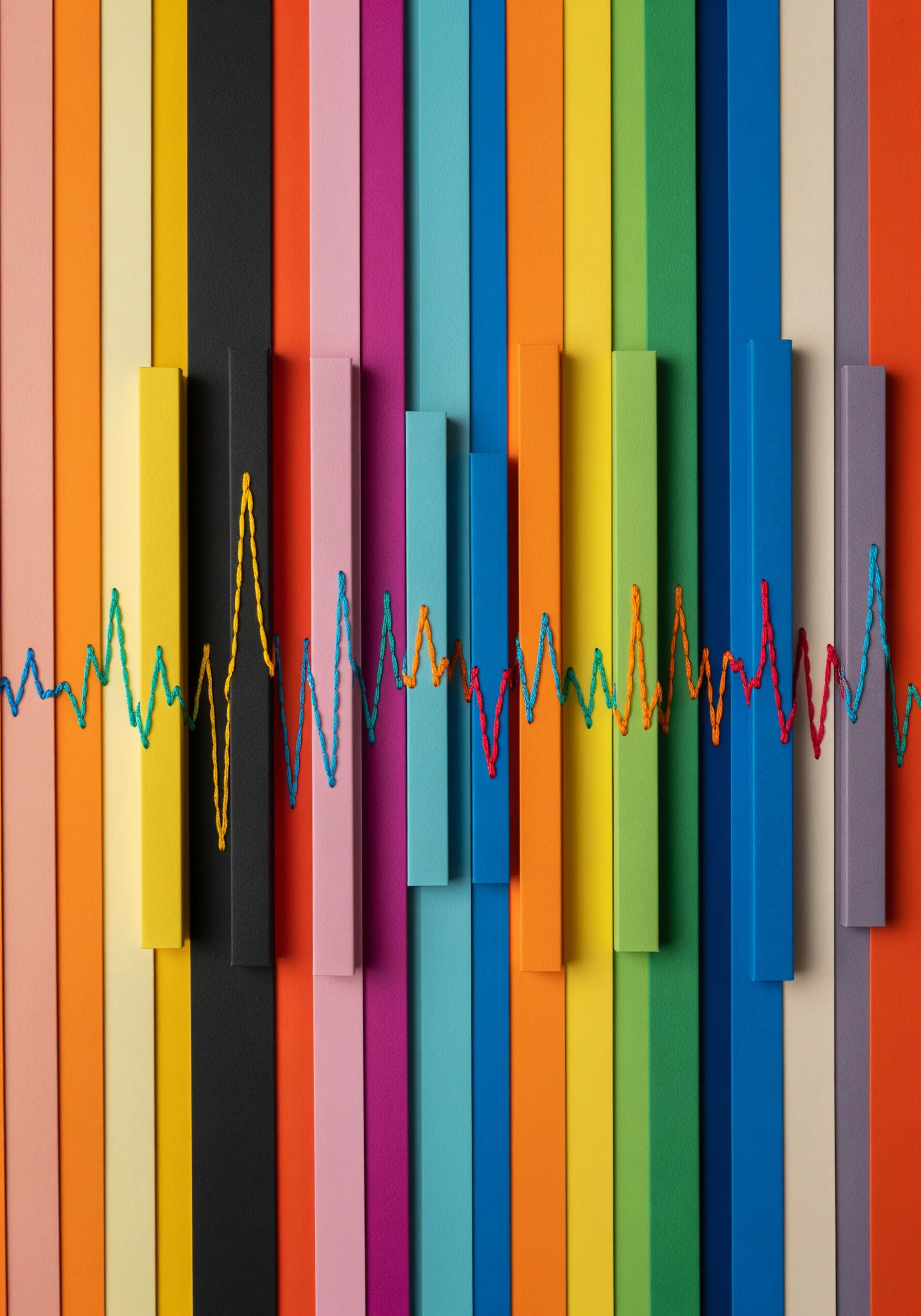 A soundwave embroidered in colorful thread across a 3D collage of rainbow paper strips.