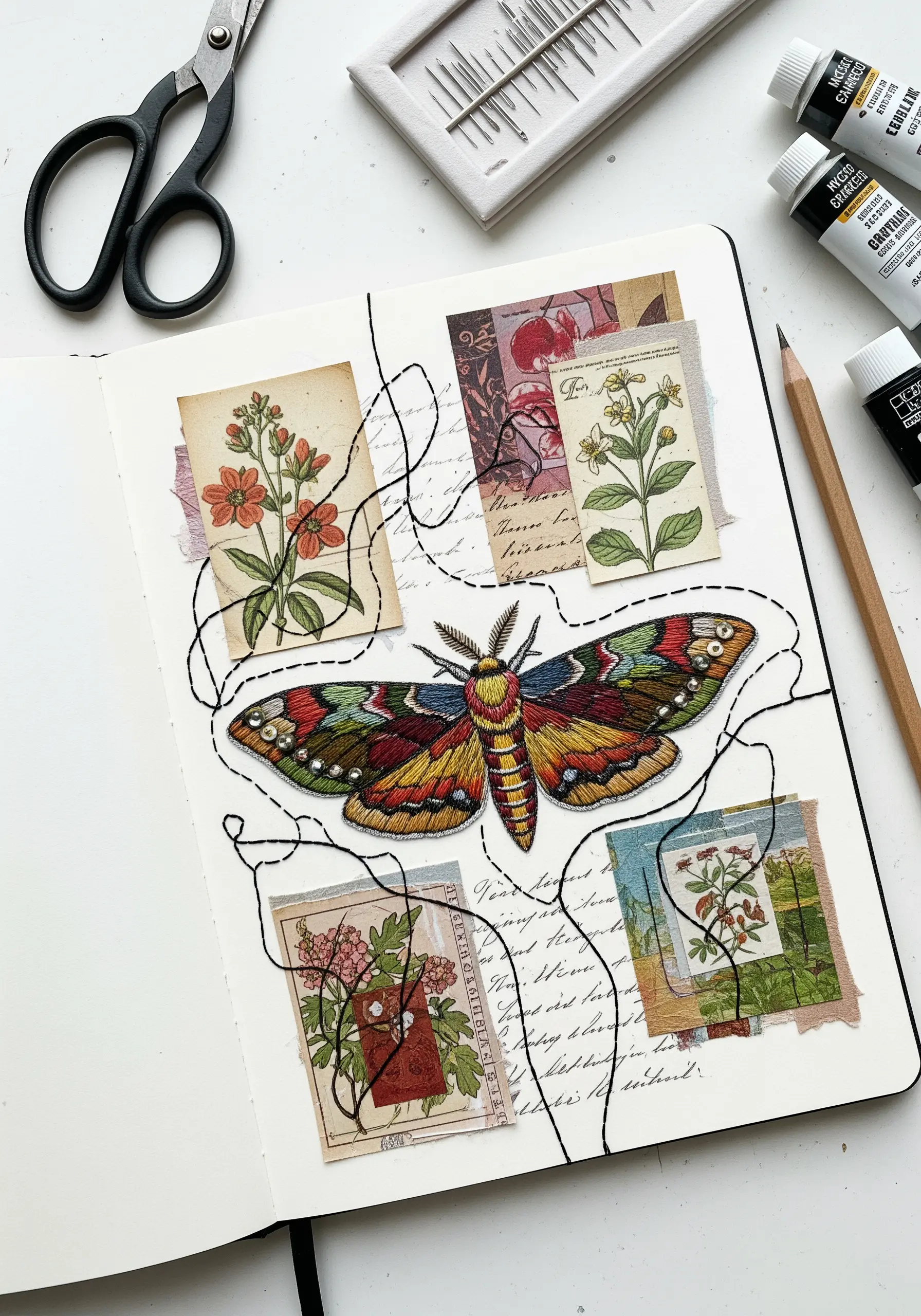An embroidered moth appliquéd onto a journal page with collaged botanical illustrations and loose black thread.