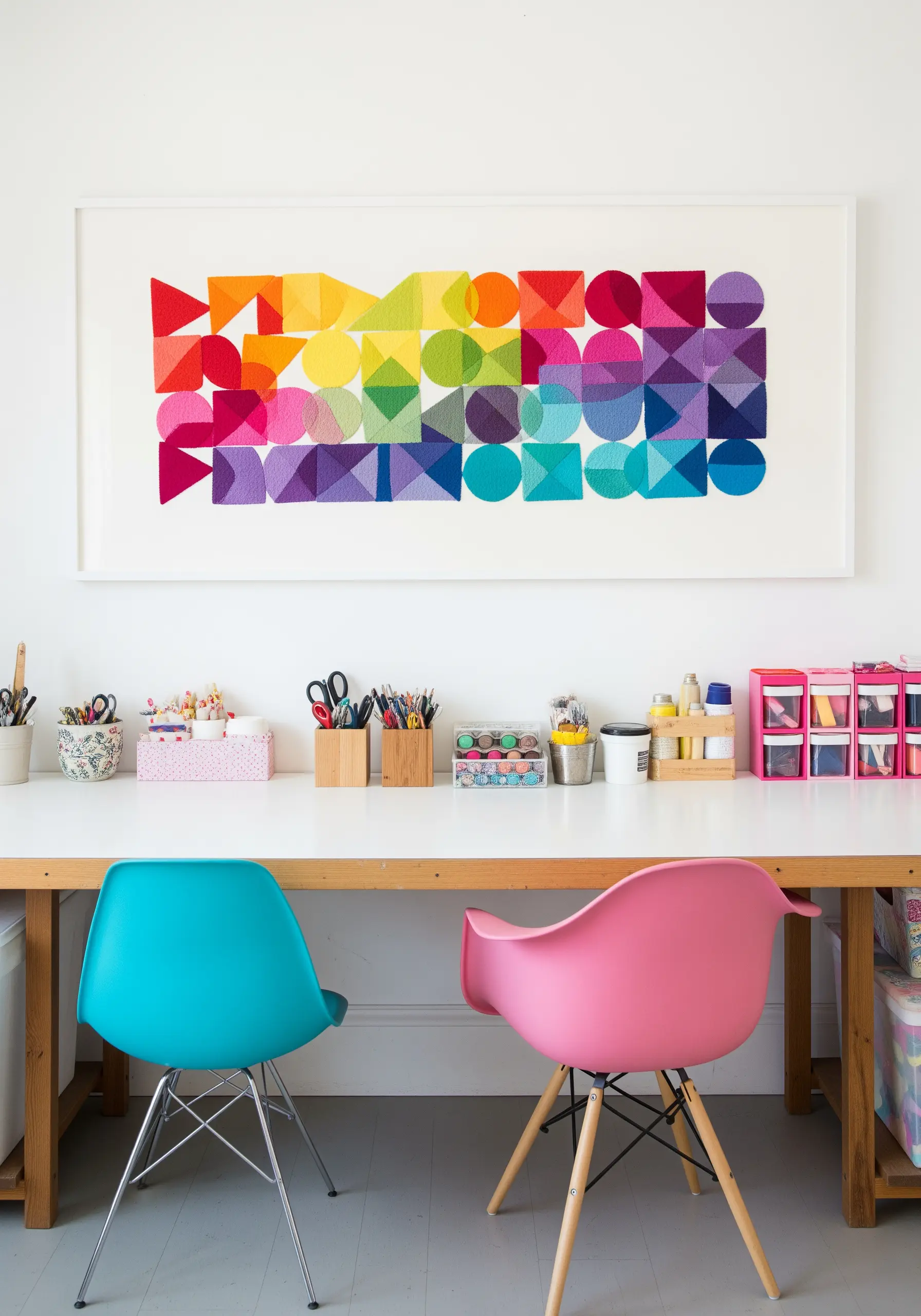 A long, panoramic embroidery showing a rainbow gradient across various geometric shapes.