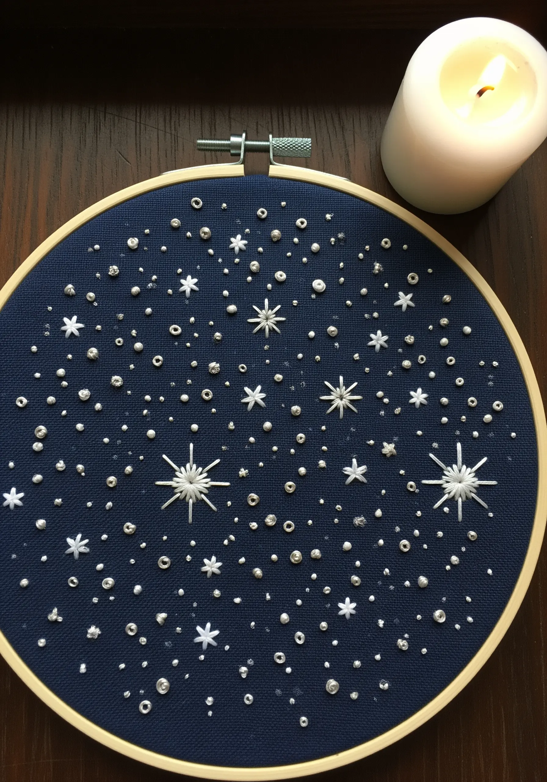 A starry night sky embroidered on dark blue fabric with white starburst stitches and French knots.