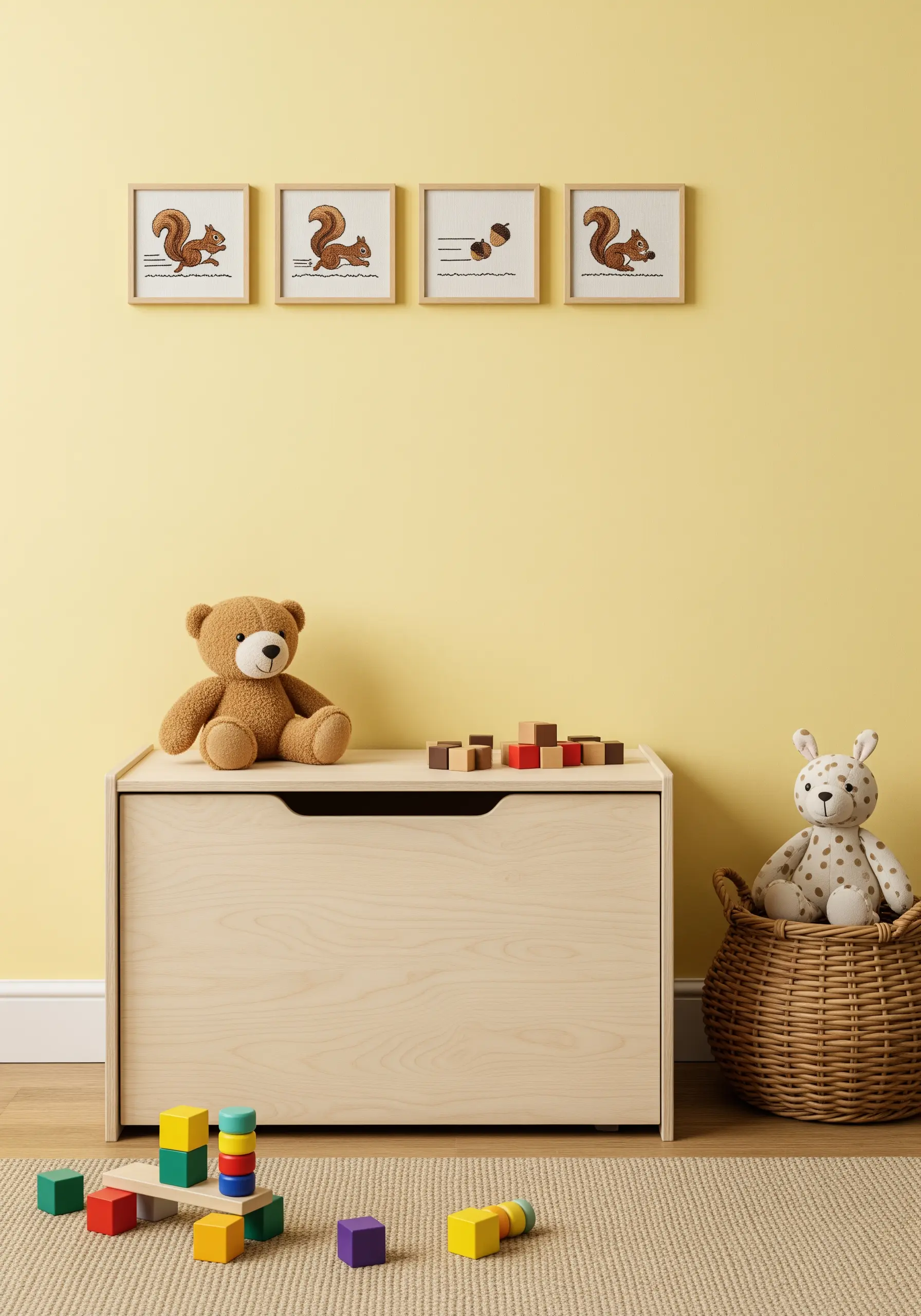 A four-frame sequence of an embroidered squirrel running and finding an acorn, displayed on a yellow wall.