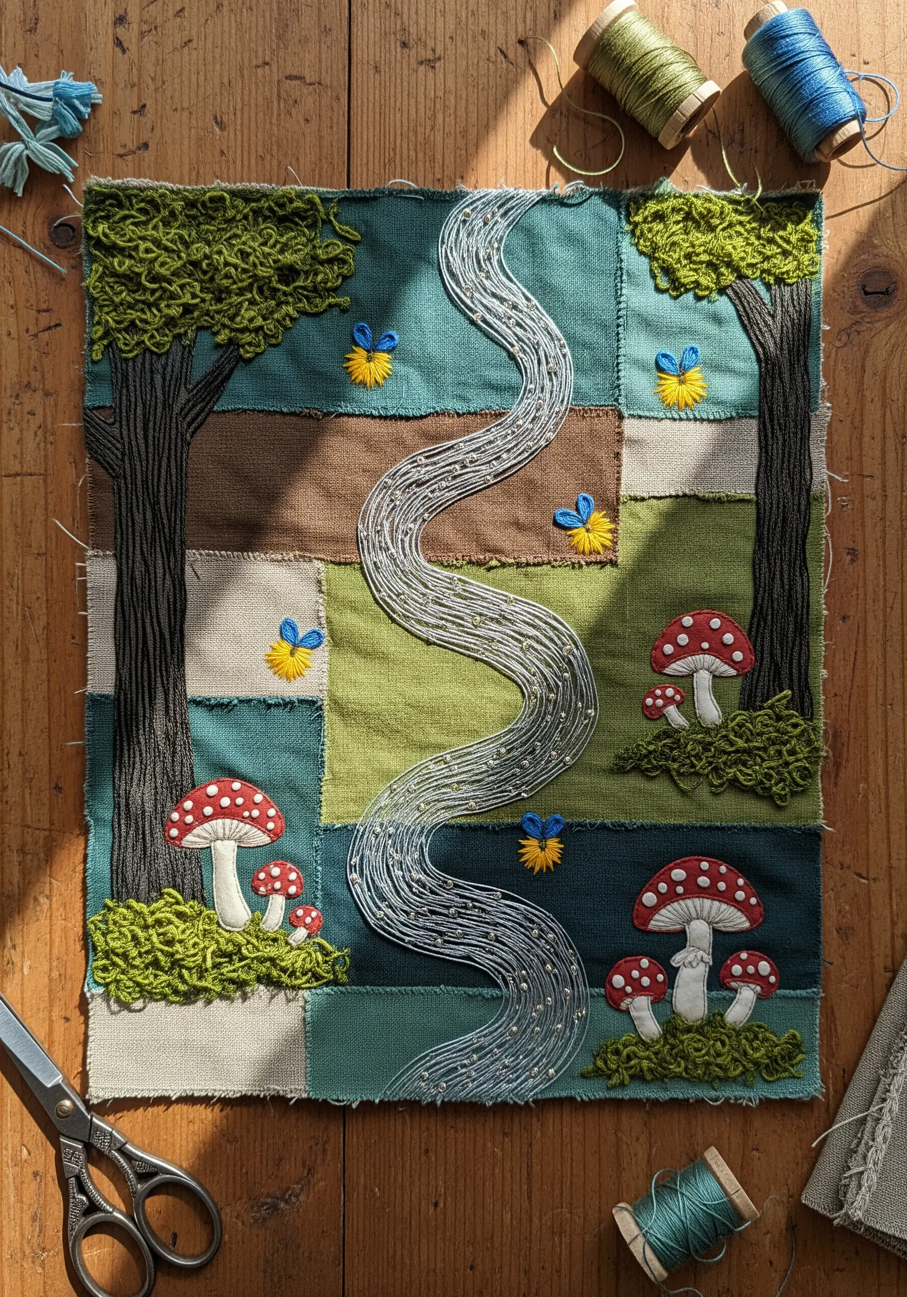 Patchwork landscape embroidery with textured trees, mushrooms, and a sparkling river.