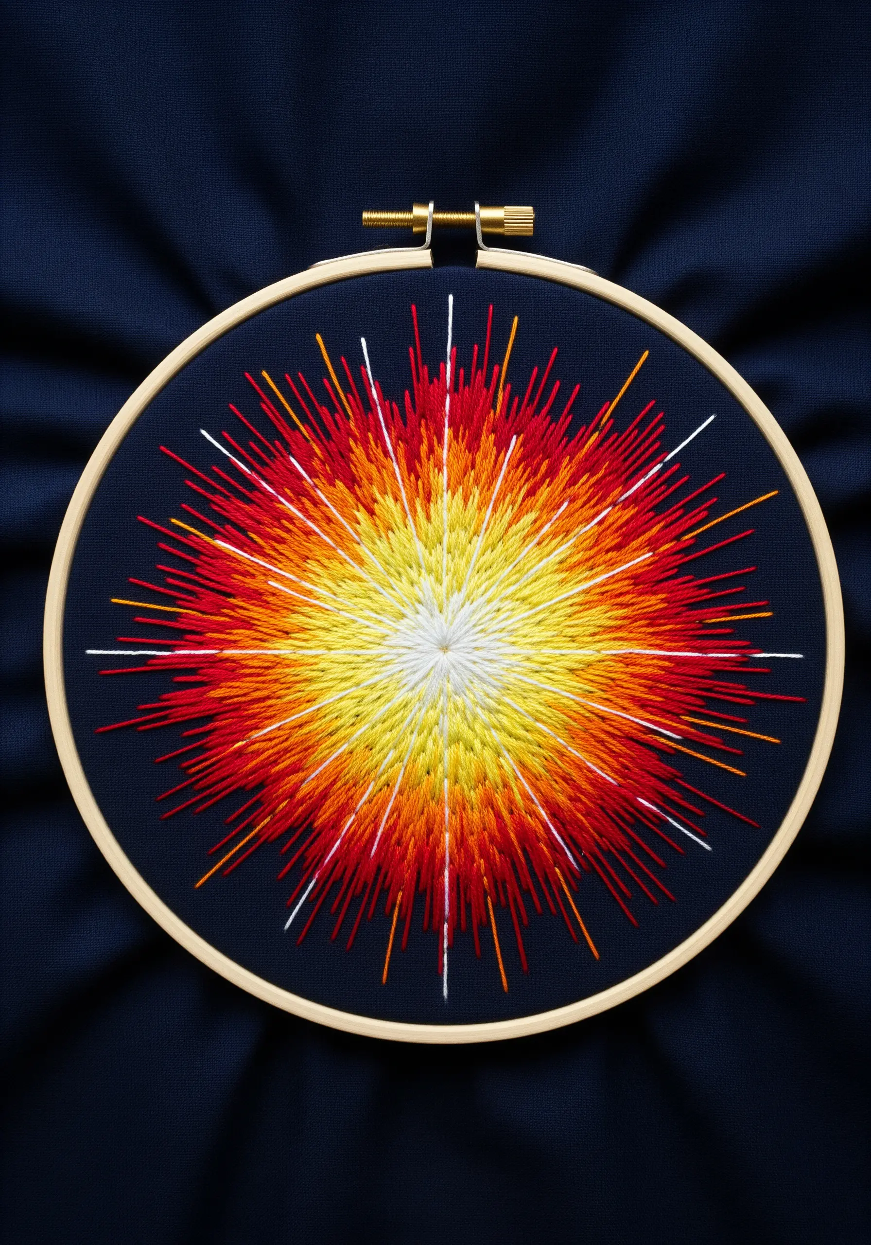 A vibrant sunburst embroidery with radiating straight stitches in yellow, orange, and red.