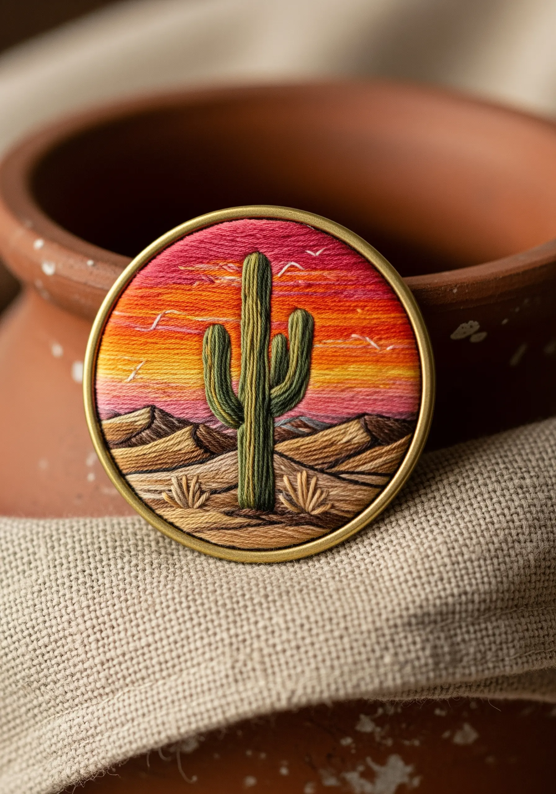 An embroidered desert landscape with a saguaro cactus against a sunset gradient sky.