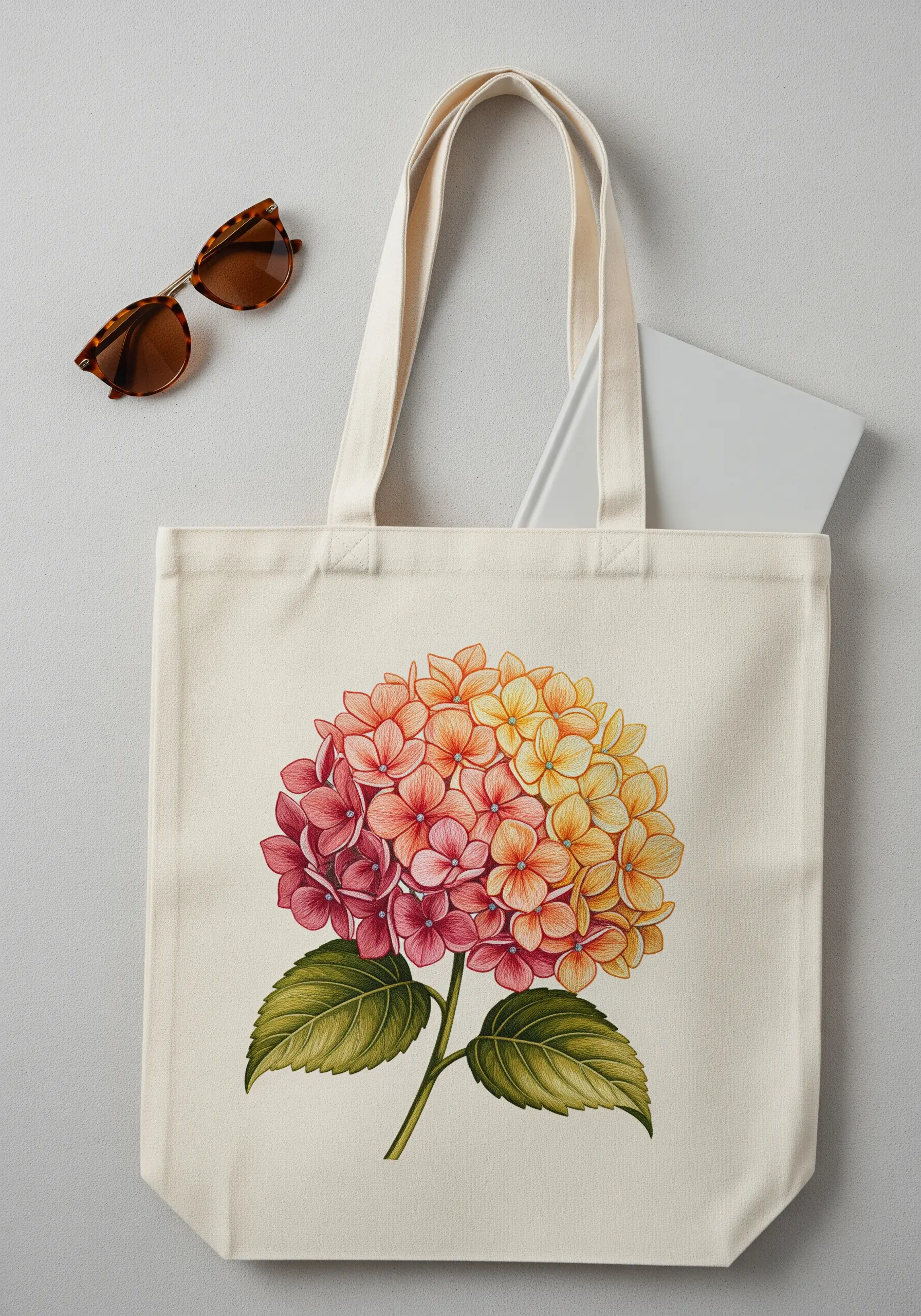 Tote bag with an embroidered hydrangea transitioning from warm pink to golden yellow.