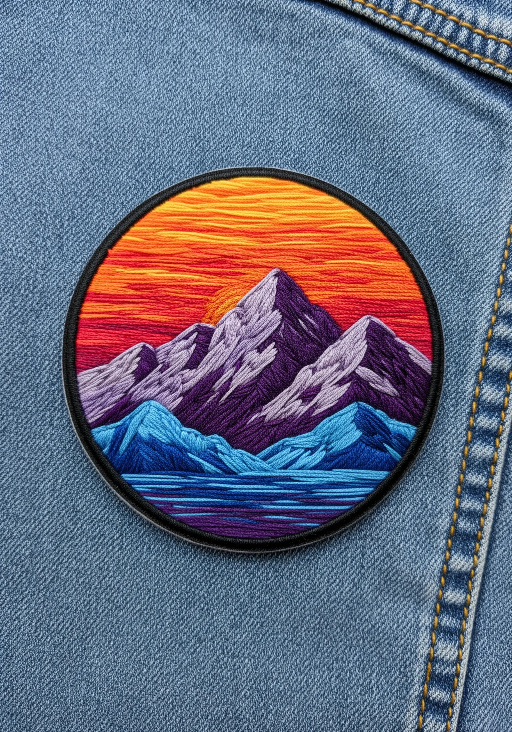 A round embroidered patch of a mountain landscape at sunset, stitched on a denim jacket.