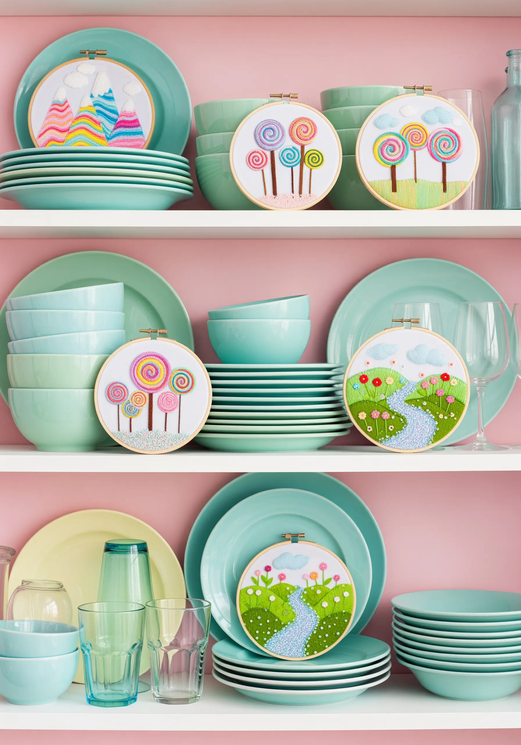 Several embroidery hoops with candy-colored landscapes and lollipops displayed on pink shelves.