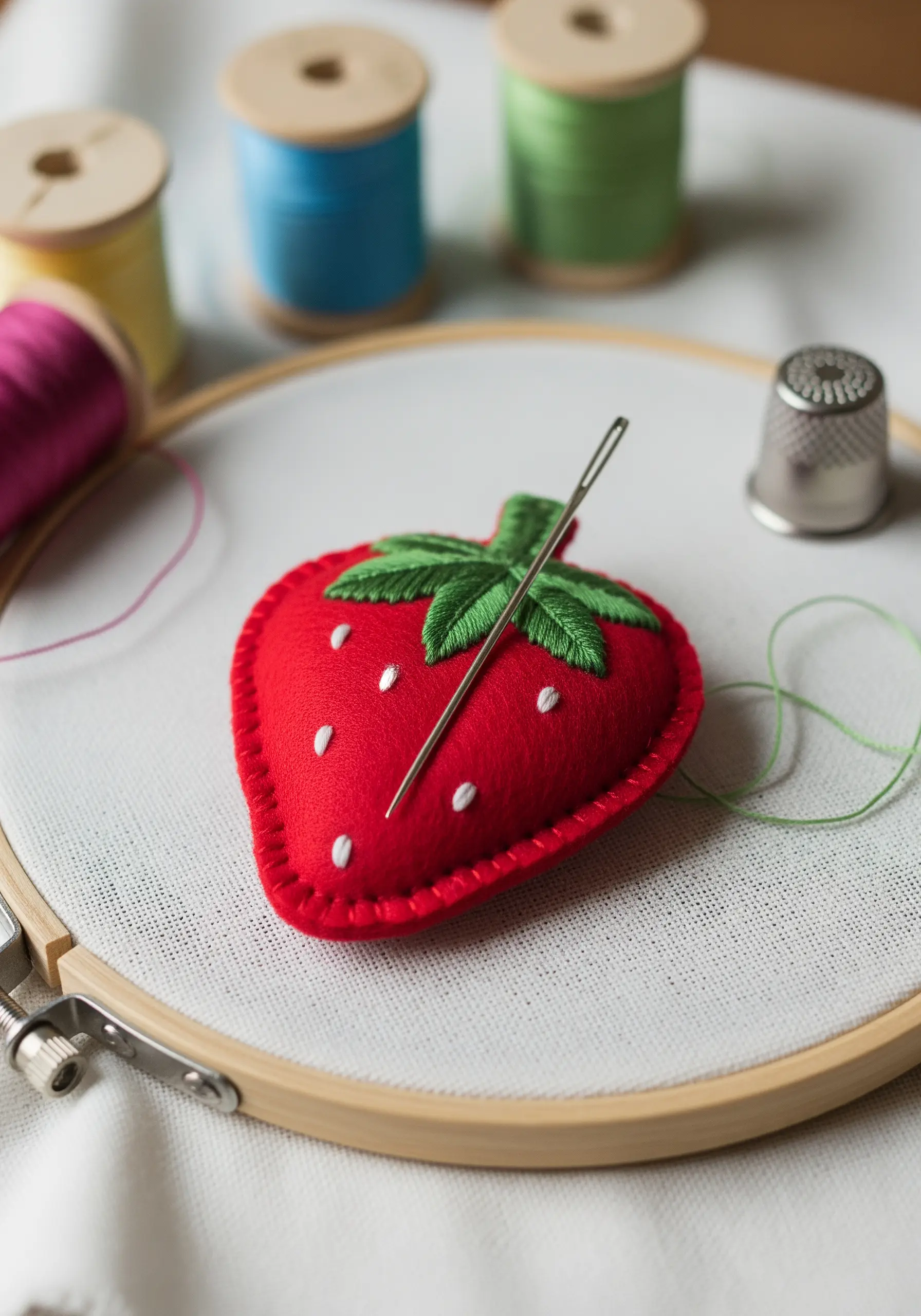 A 3D strawberry-shaped pincushion made of red felt with embroidered details.