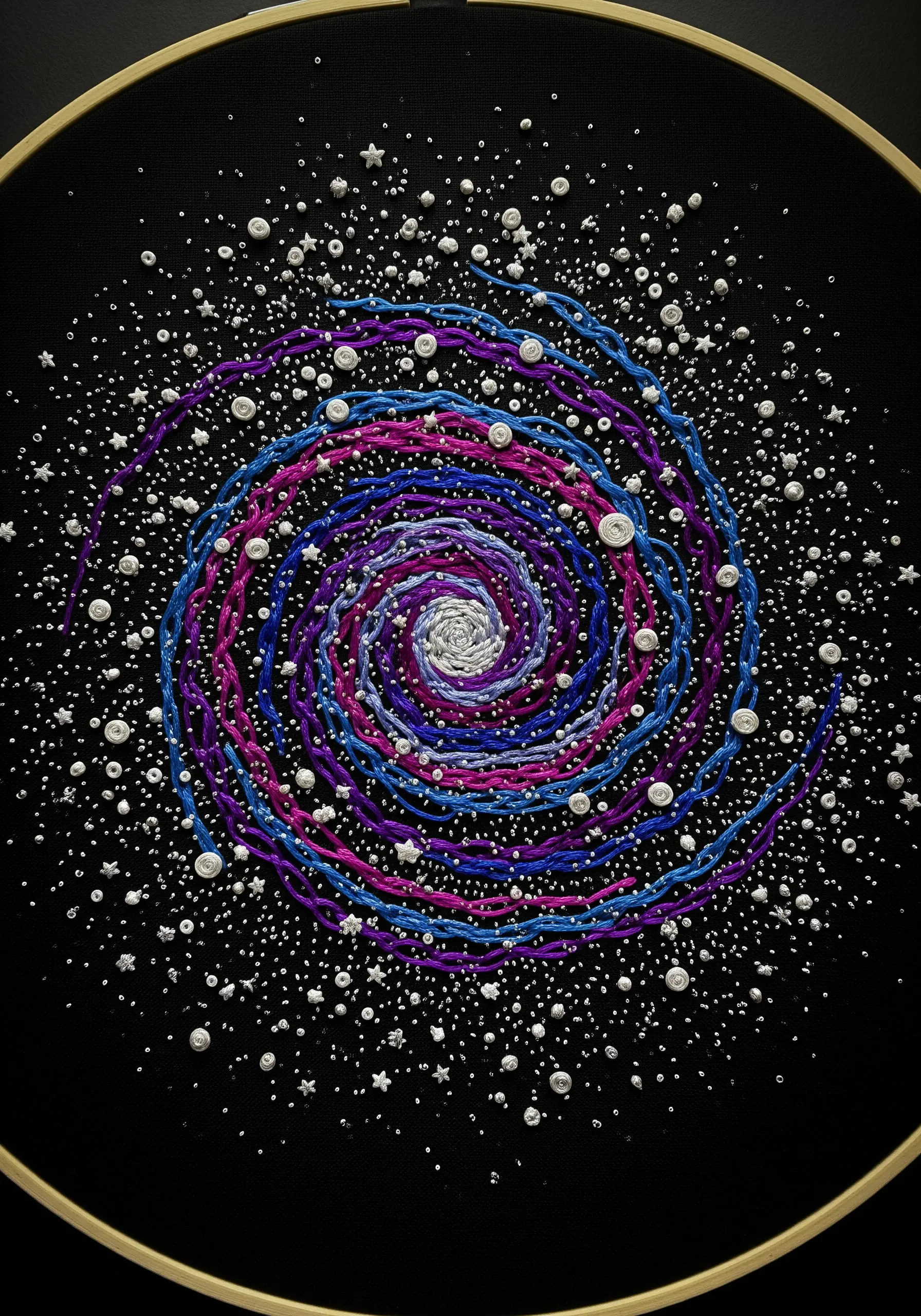 A spiral galaxy mandala in blue and purple on black fabric with scattered star stitches.