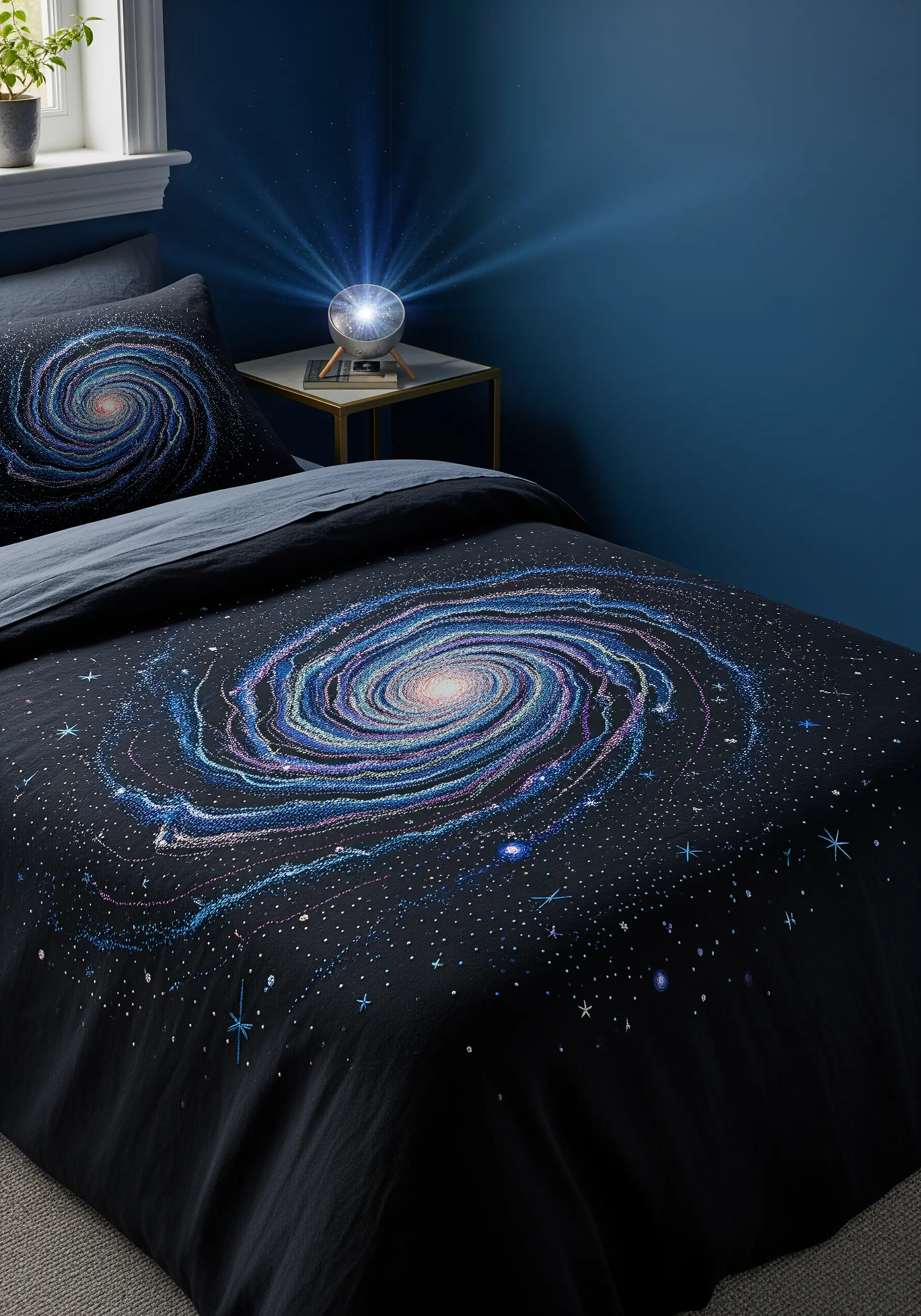 A detailed embroidered galaxy swirling on a dark duvet cover with hints of blue, purple, and pink.