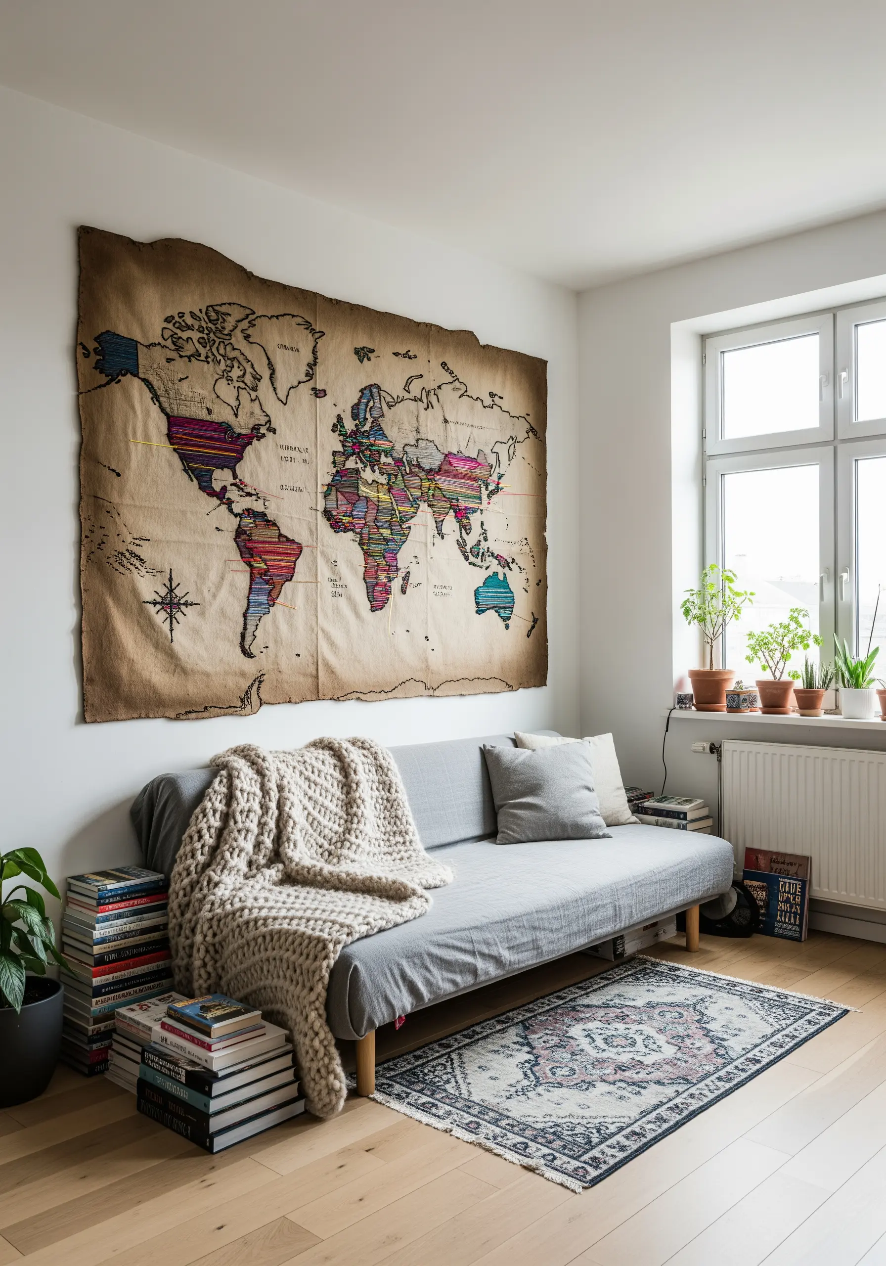A large, rustic world map tapestry with continents outlined and filled with colorful thread.