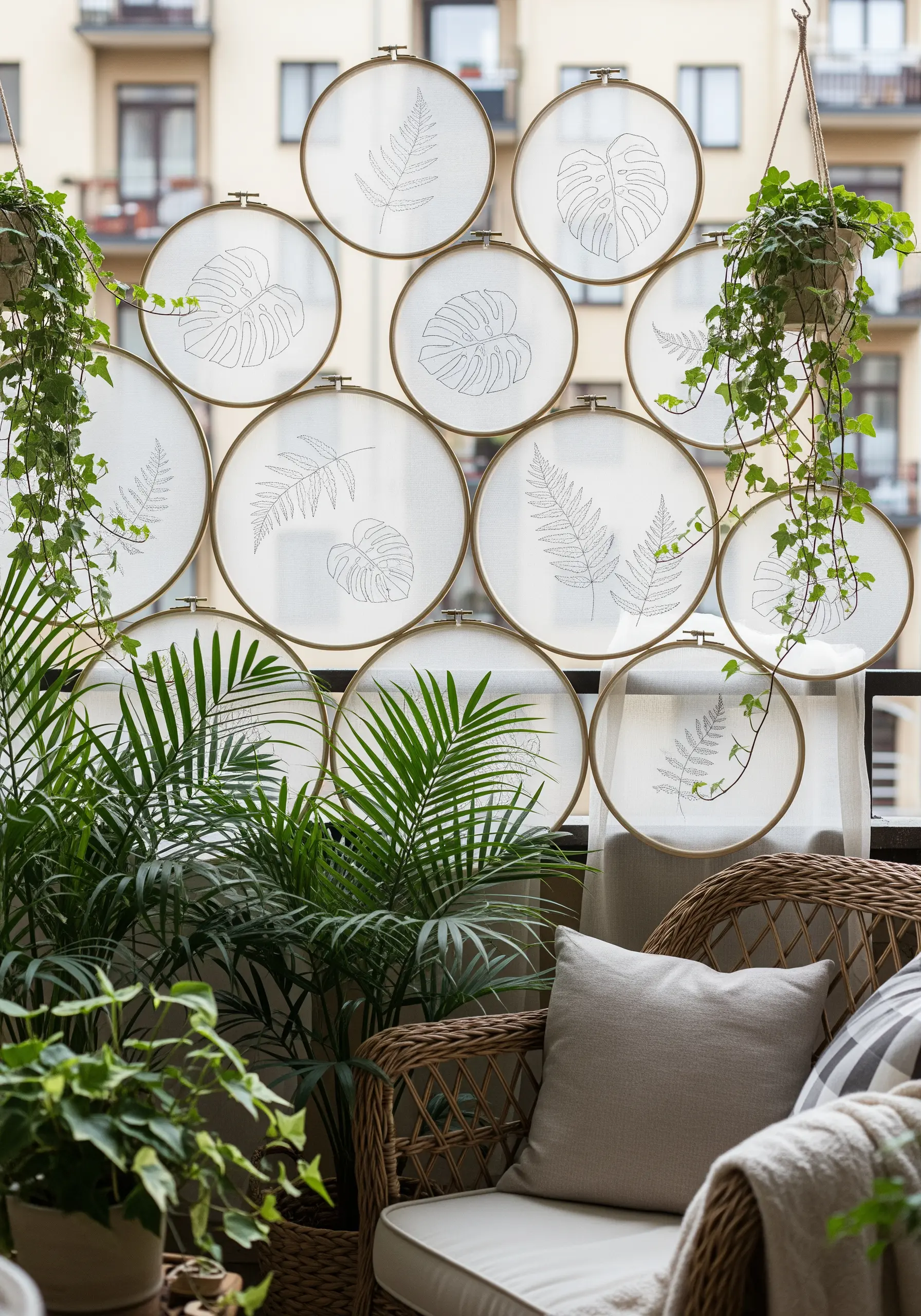 A privacy screen made of embroidery hoops with stitched leaf outlines on sheer fabric.