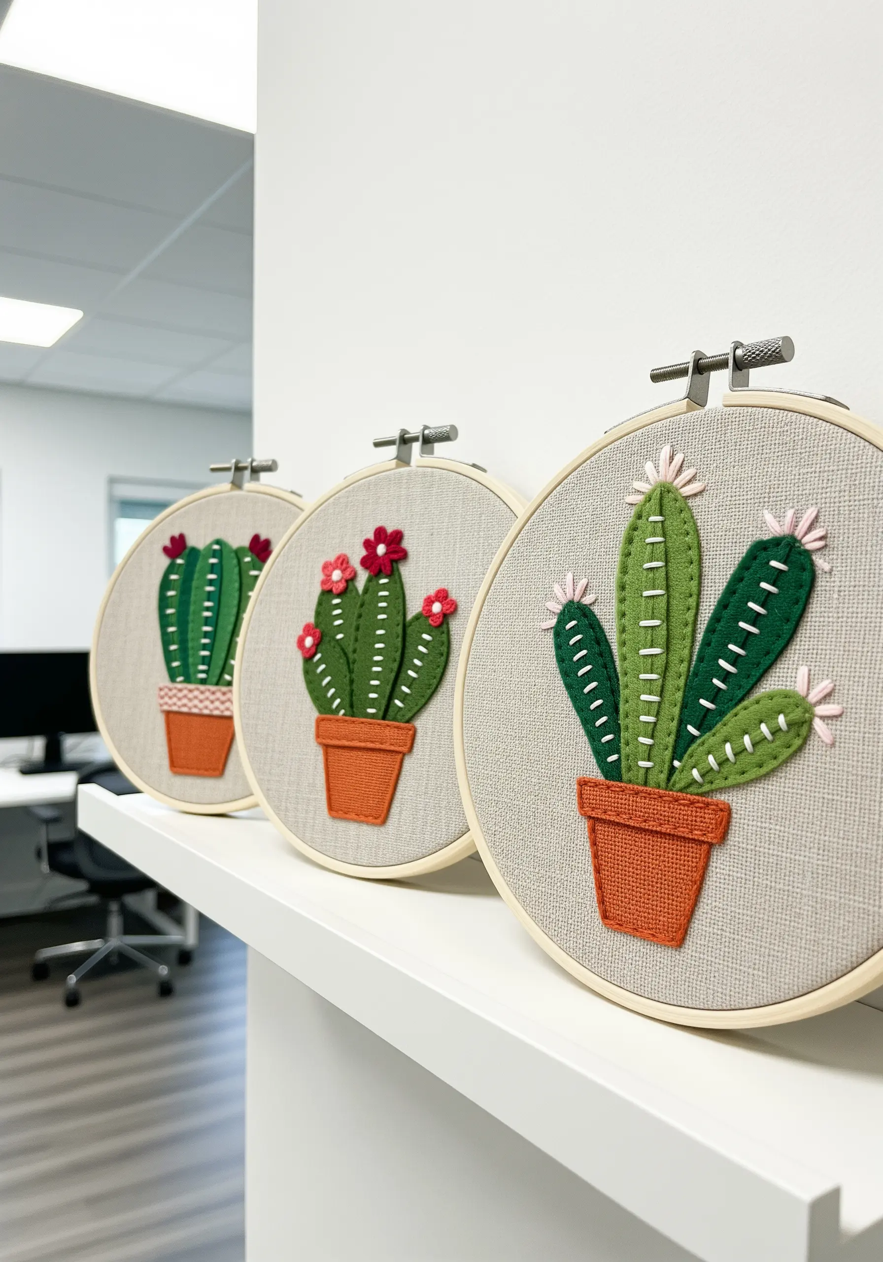 Three embroidery hoops lined up, each showing a simple cactus design made from felt appliqué