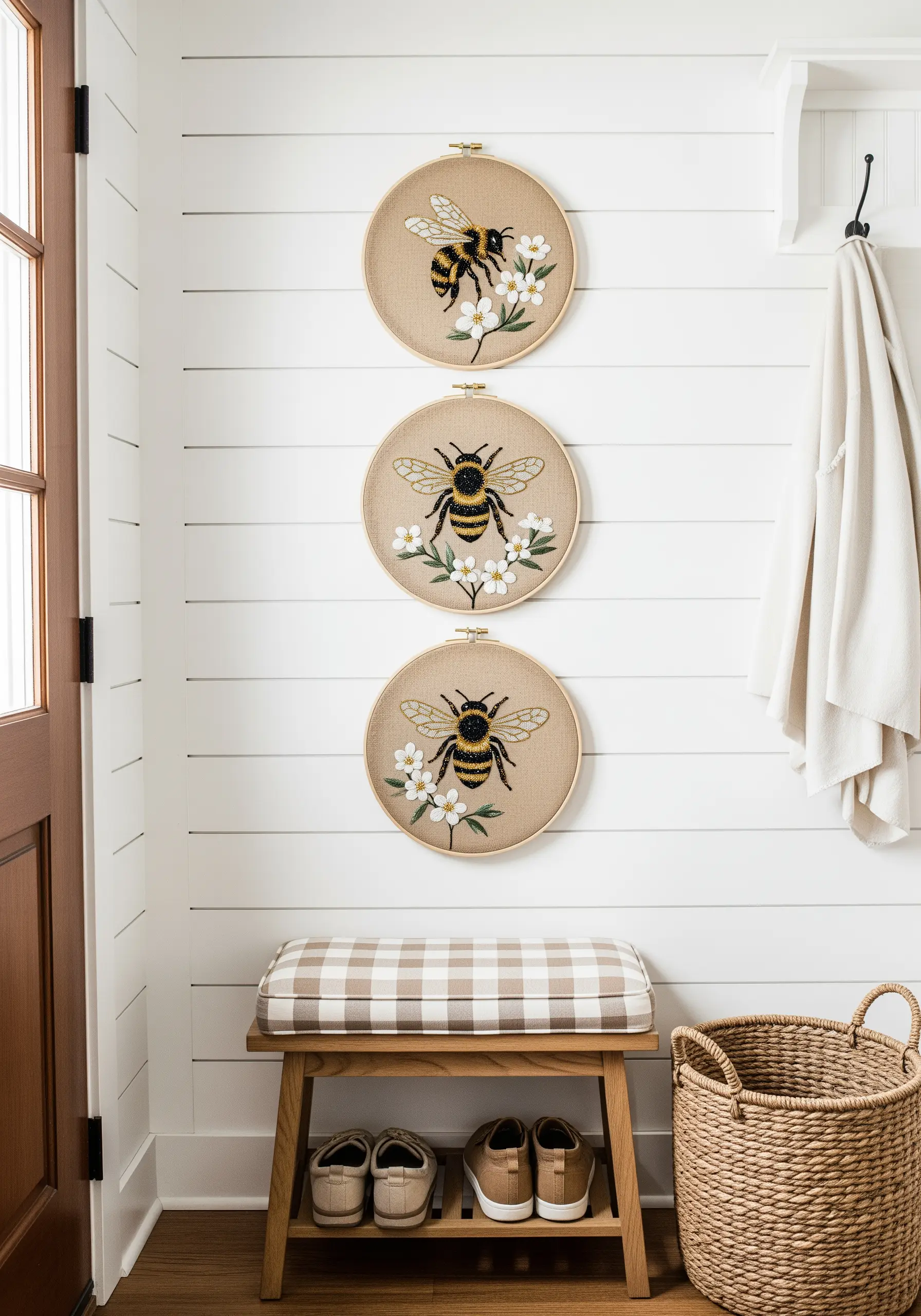 Three stacked embroidery hoops, each featuring a bee on a flowering branch.