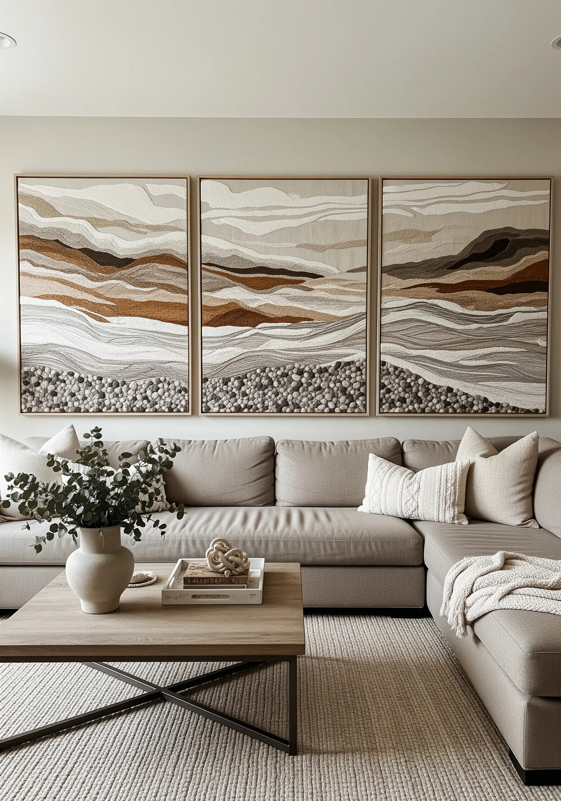 A triptych of framed embroidery depicting an abstract landscape in earthy neutral tones.