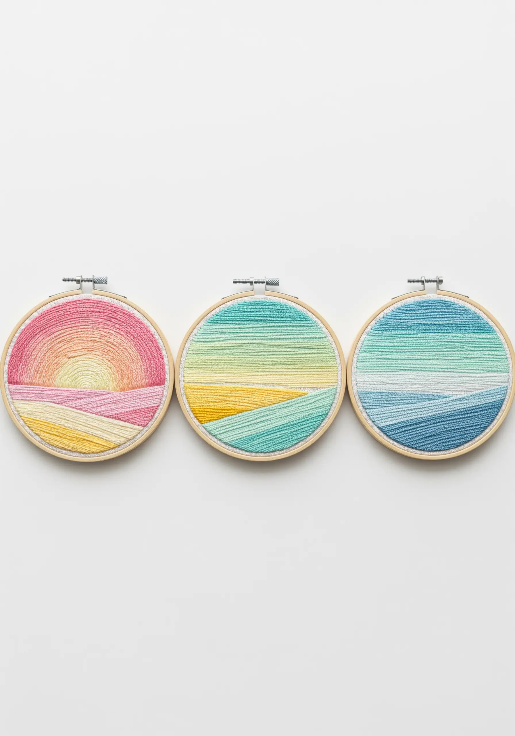 Three embroidery hoops showing abstract sunset, field, and ocean landscapes.