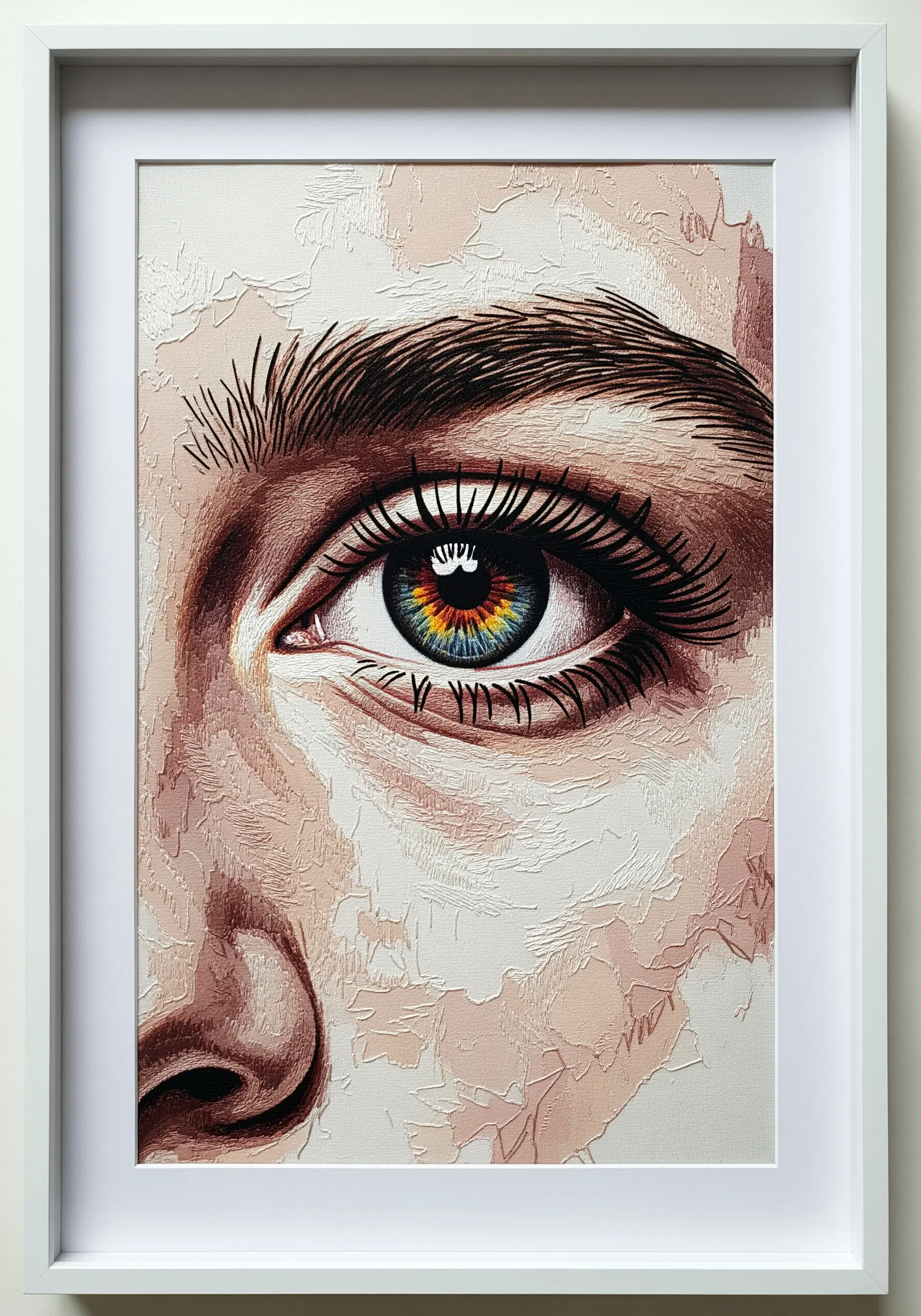 Detailed close-up embroidery of a multi-colored human eye, showing vibrant detail in the iris.