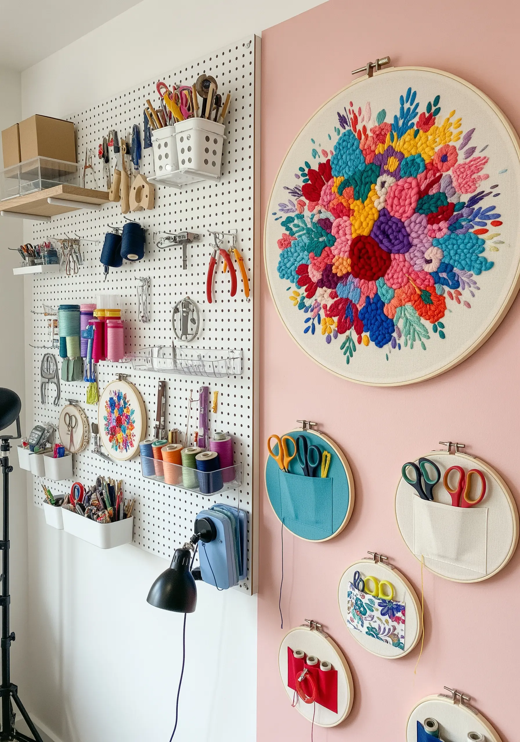 A large embroidery hoop with a vibrant, dense abstract floral design in a craft room.