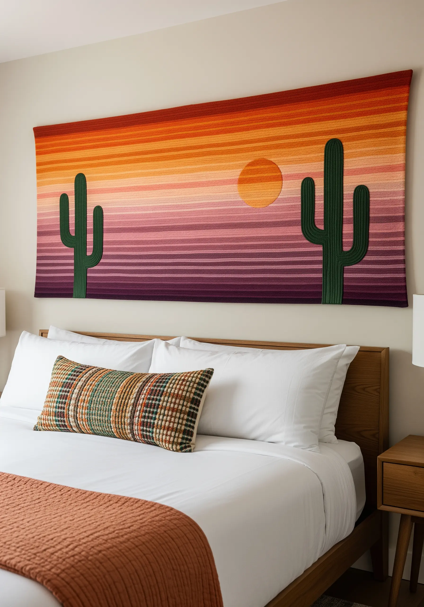 A large textile wall hanging of a desert sunset with saguaro cacti silhouettes