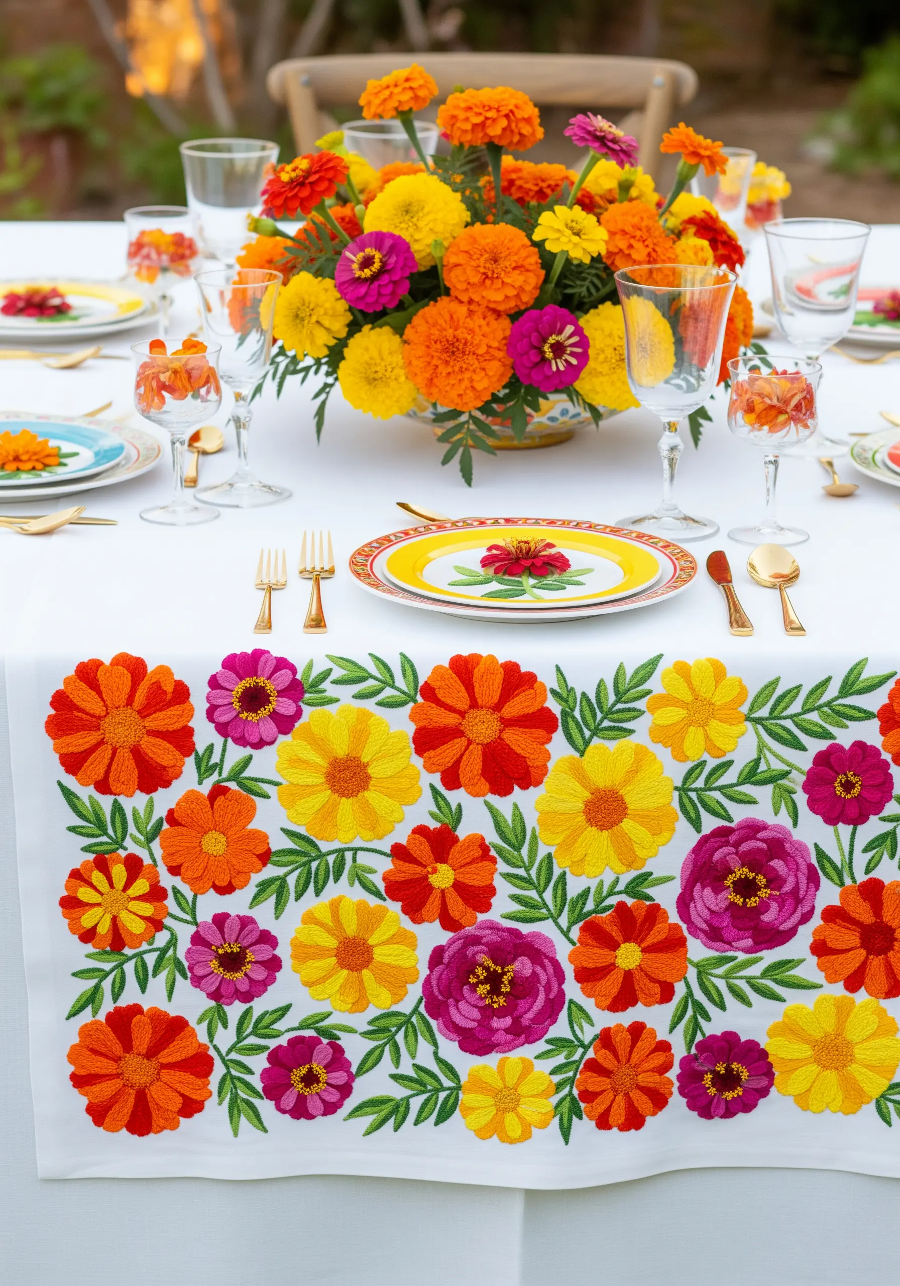 A vibrant, dense border of embroidered marigolds in orange, yellow, and pink on a white tablecloth.