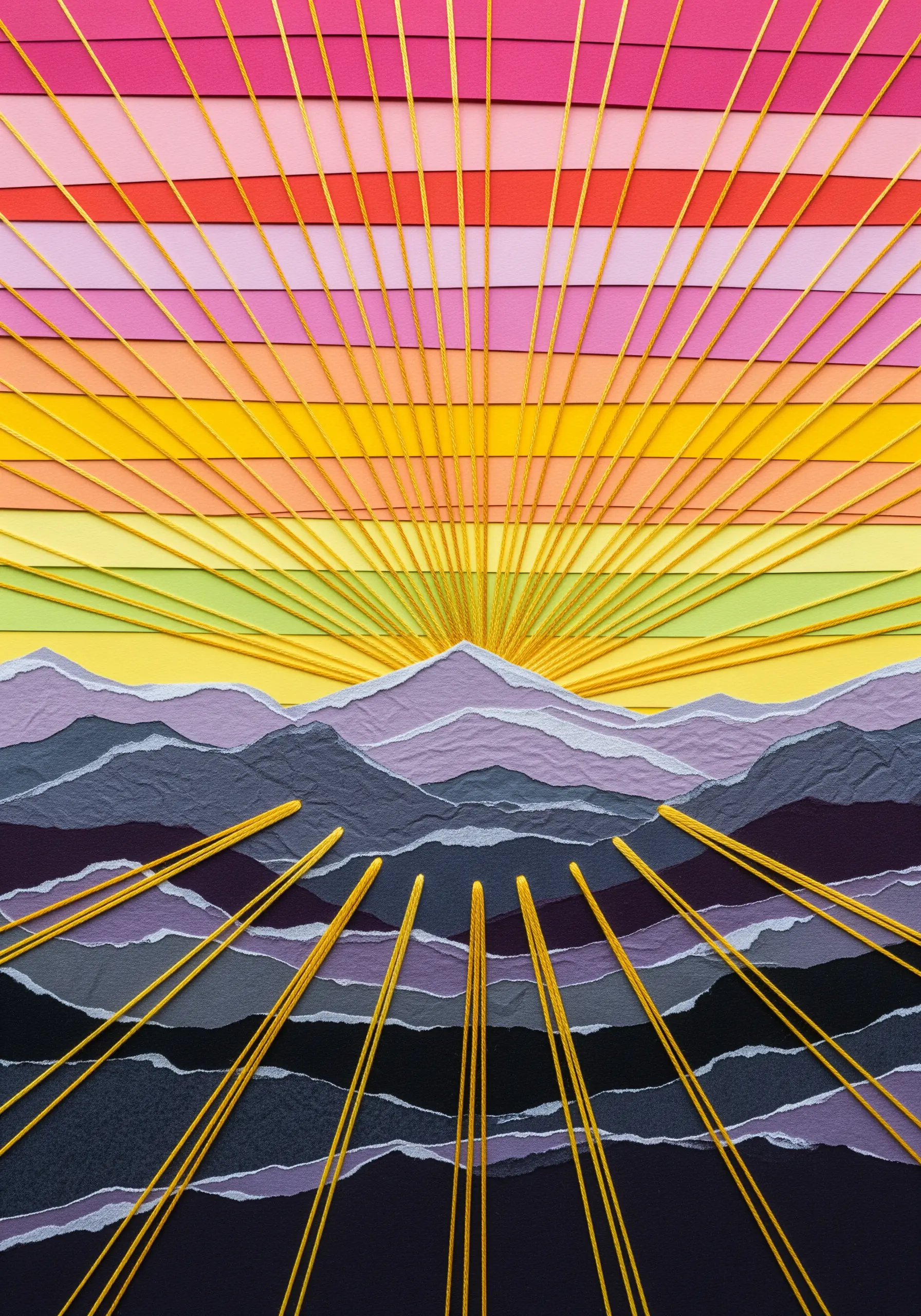 A collage landscape with a striped paper sky and radiating gold threads forming a stylized sun.
