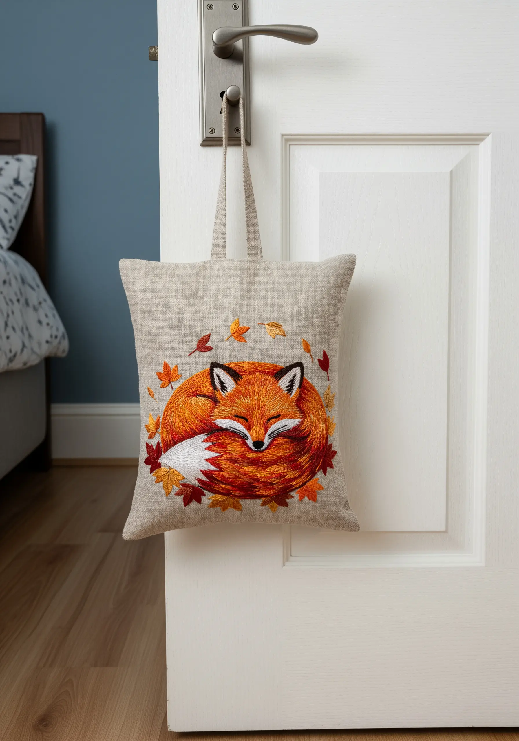 A small linen pillow hanging from a doorknob, embroidered with a sleeping fox and autumn leaves.